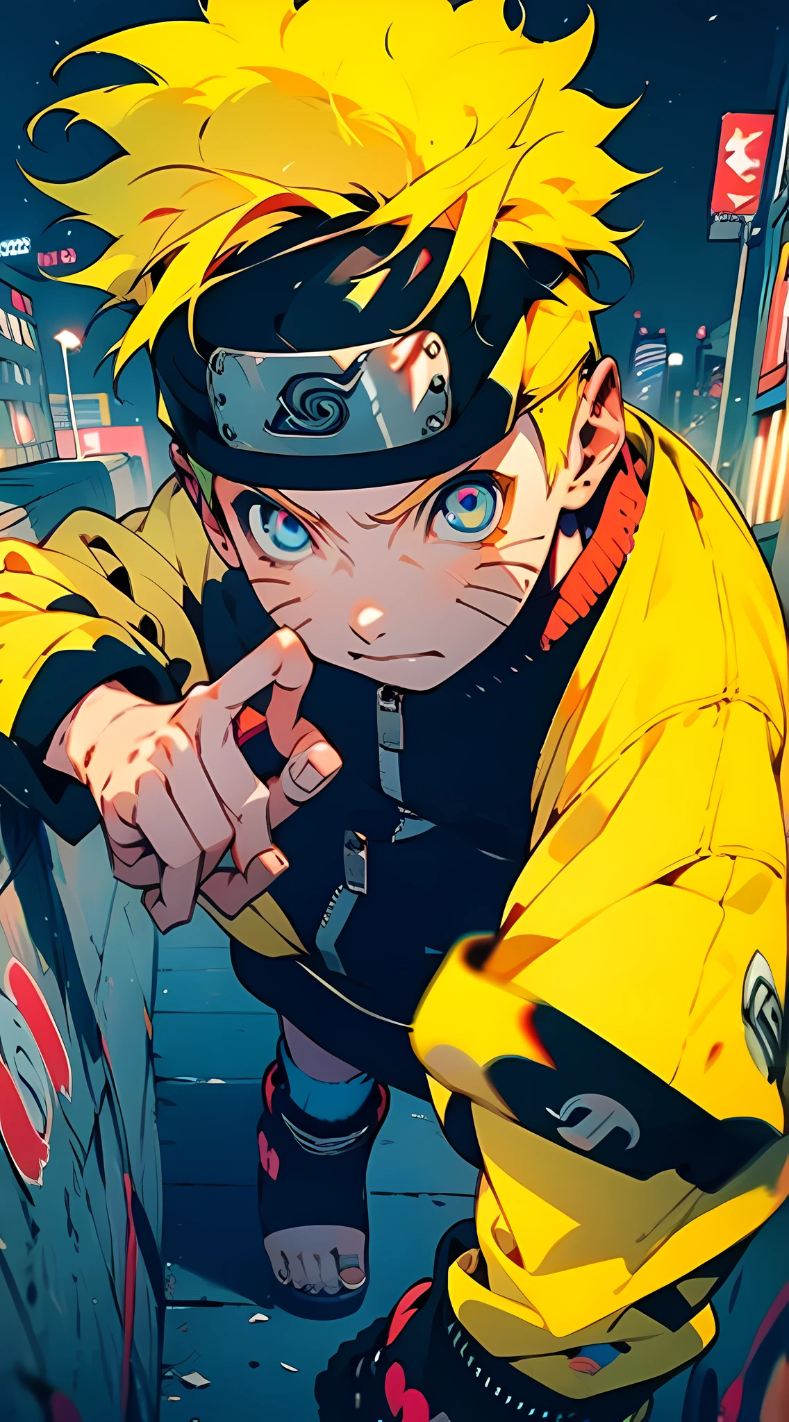 Naruto Uzumaki, elegant, detailed eyes, stylish outfit, vibrant anime style, dynamic poses, urban backdrop, nighttime setting, edgy fashion, (best quality, 4k, high res, photorealistic), fashionable accessories, trendy sneakers, graffiti art, energetic expression.