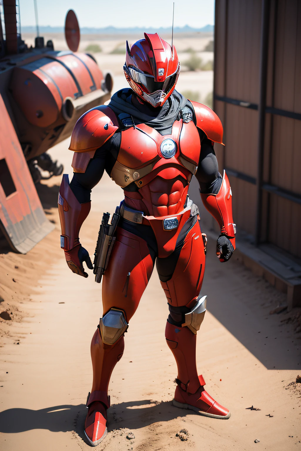create a red power ranger, rust , machine , armor ,full body , military theme