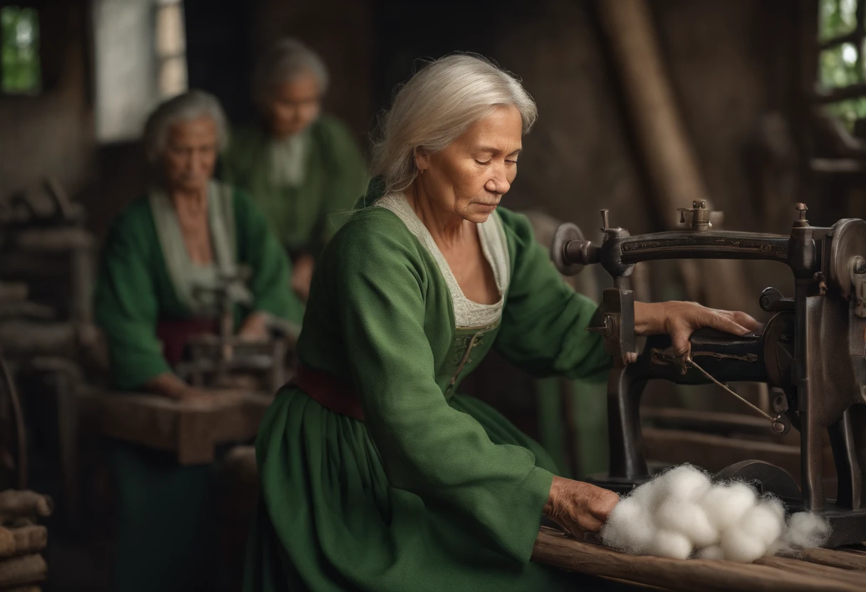 最高品質, master-piece, ultra-detail, 60-year-old woman with cotton spinning machine, single, blond hair, Green Clothes, Being in a European village, Looks sad..