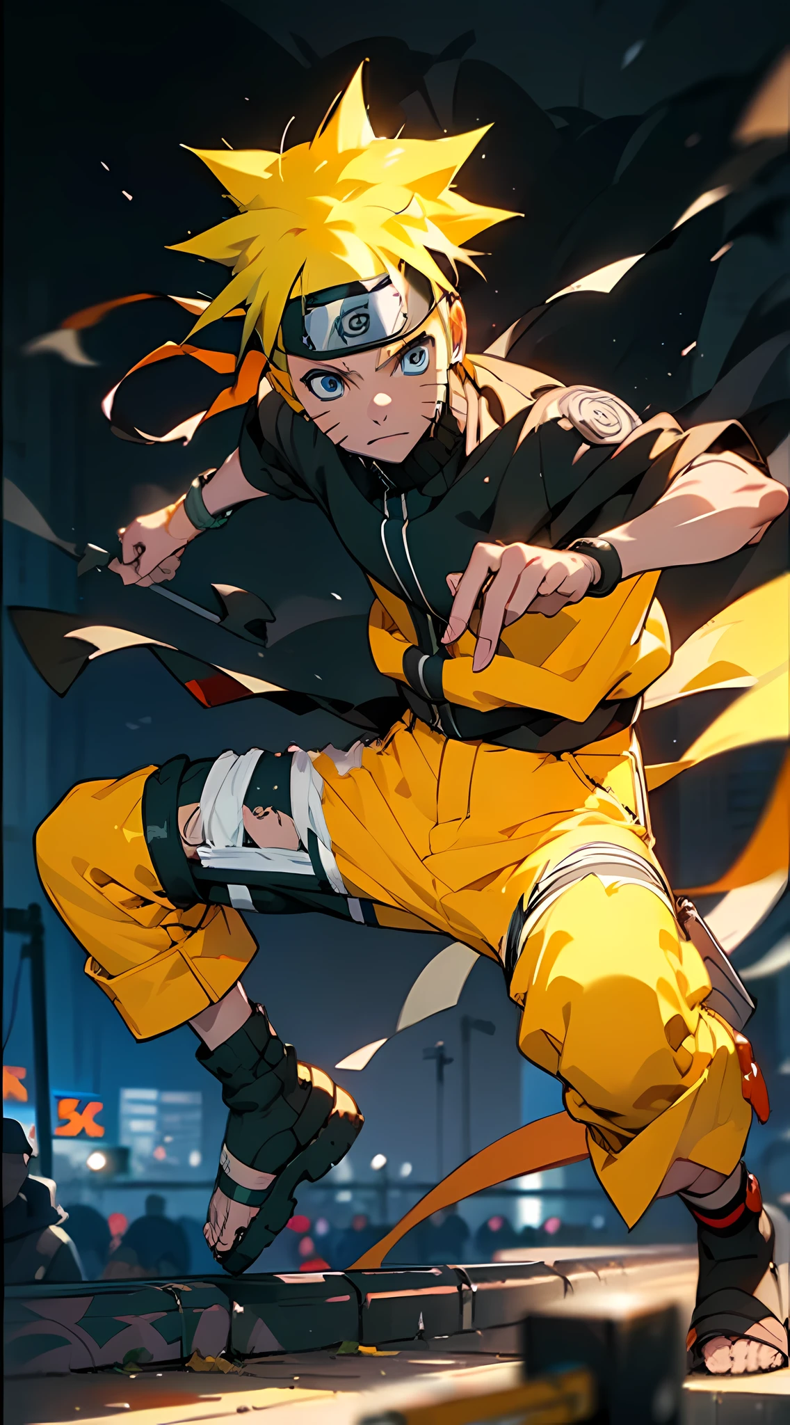 Naruto Uzumaki, elegant, detailed eyes, stylish outfit, vibrant anime style, dynamic poses, urban backdrop, nighttime setting, edgy fashion, (best quality, 4k, high res, photorealistic), fashionable accessories, trendy sneakers, graffiti art, energetic expression.