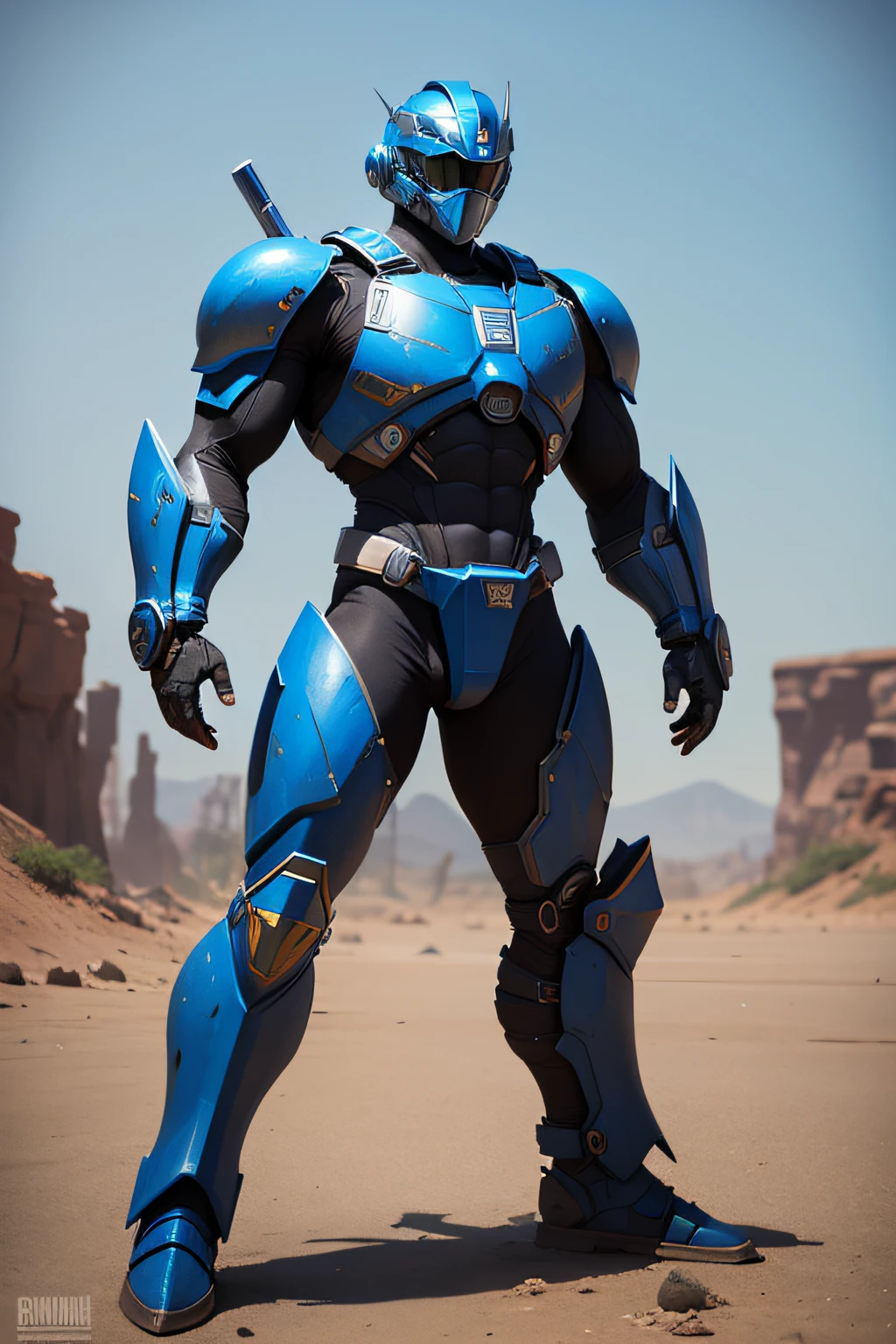 create a blue power ranger, rust , machine , armor ,full body , military theme