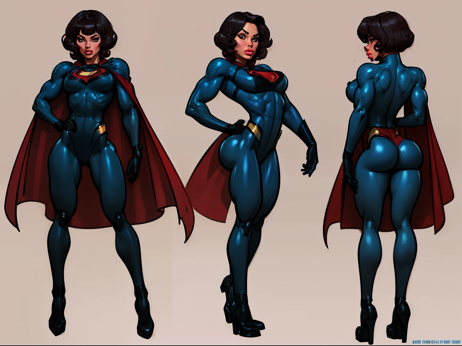 ((masterpiece)),(((best quality))),((character design sheet)), ((full body view)) illustration,1girl, muscular, ((black bodysuit:1.6)), superhero, (short curly red hair:1.4), (blue cape:1.4) ((detailed face:1.4)) beautiful woman, (short curly hair:1.6) (small head:1.2)(flat breasts:1.3)(blue thighhighs:1.3)shiny skin, (blue logo on chest:1.4),scribbles and marks, (puffy lips:1.5), (full lips:1.4) (wide hips:1.3), big lips, detailed lips, (red gloves:1.2) rough sketches, pose, 8k,16k, (simple background, white background: 1.3)