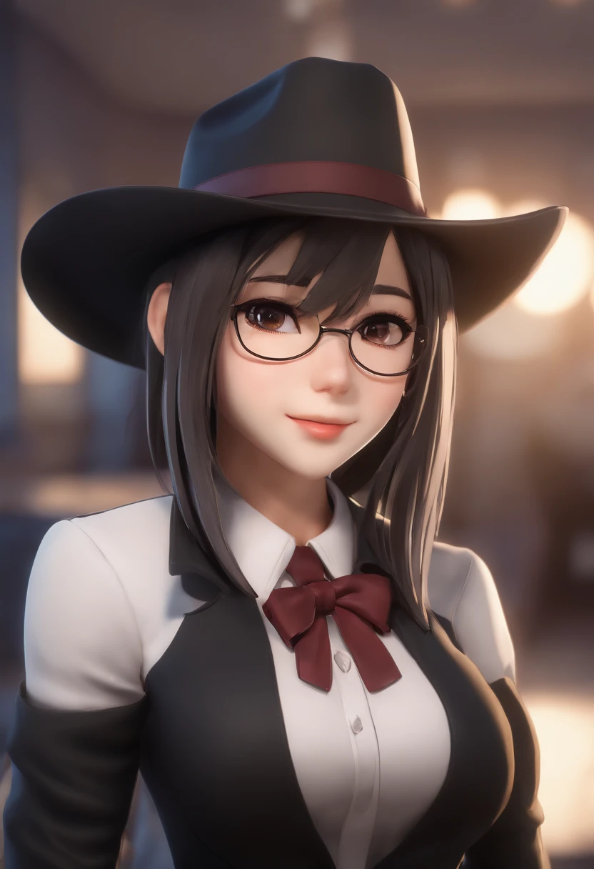 Mioda Ibuki /(Danganronpa/), bank ultra-detailed, masterpiece, illustration, 8k, masterpiece, realistic shadows, gradient, volumetric lighting, cute, ambient lighting, cowboy shot, colorful, beautiful detailed eyes 1girl, solo, (original outfit), smile, {office background}, formal suit