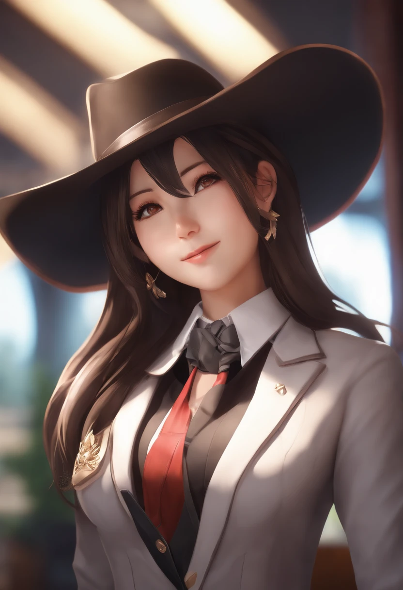 Mioda Ibuki /(Danganronpa/), bank ultra-detailed, masterpiece, illustration, 8k, masterpiece, realistic shadows, gradient, volumetric lighting, cute, ambient lighting, cowboy shot, colorful, beautiful detailed eyes 1girl, solo, (original outfit), smile, {office background}, formal suit