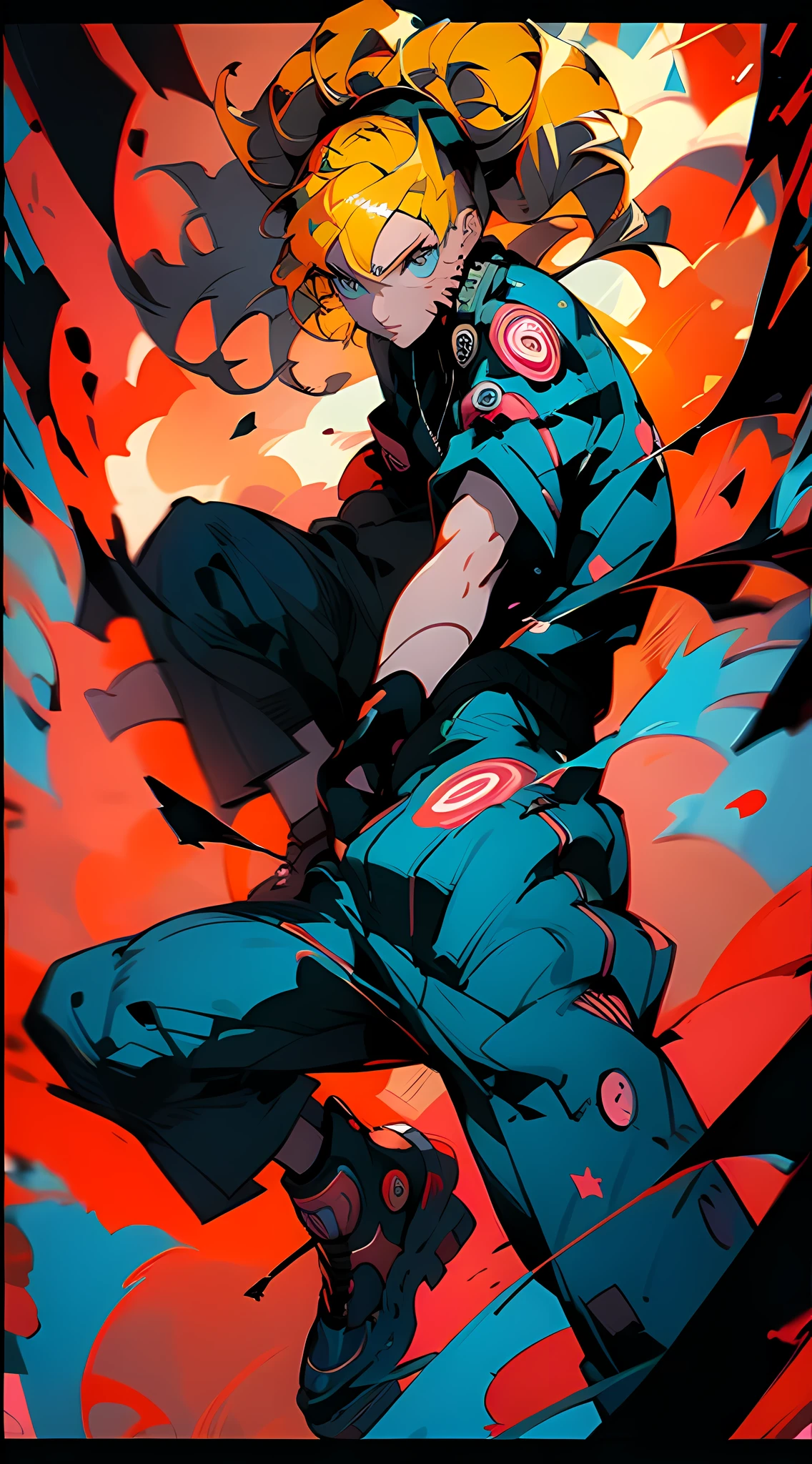 Naruto Uzumaki, elegant, detailed eyes, stylish outfit, vibrant anime style, dynamic poses, vibrant colors, street art, urban backdrop, nighttime setting, neon lights, edgy fashion, (best quality, 4k, high res, photorealistic), fashionable accessories, trendy sneakers, graffiti art, energetic expression.