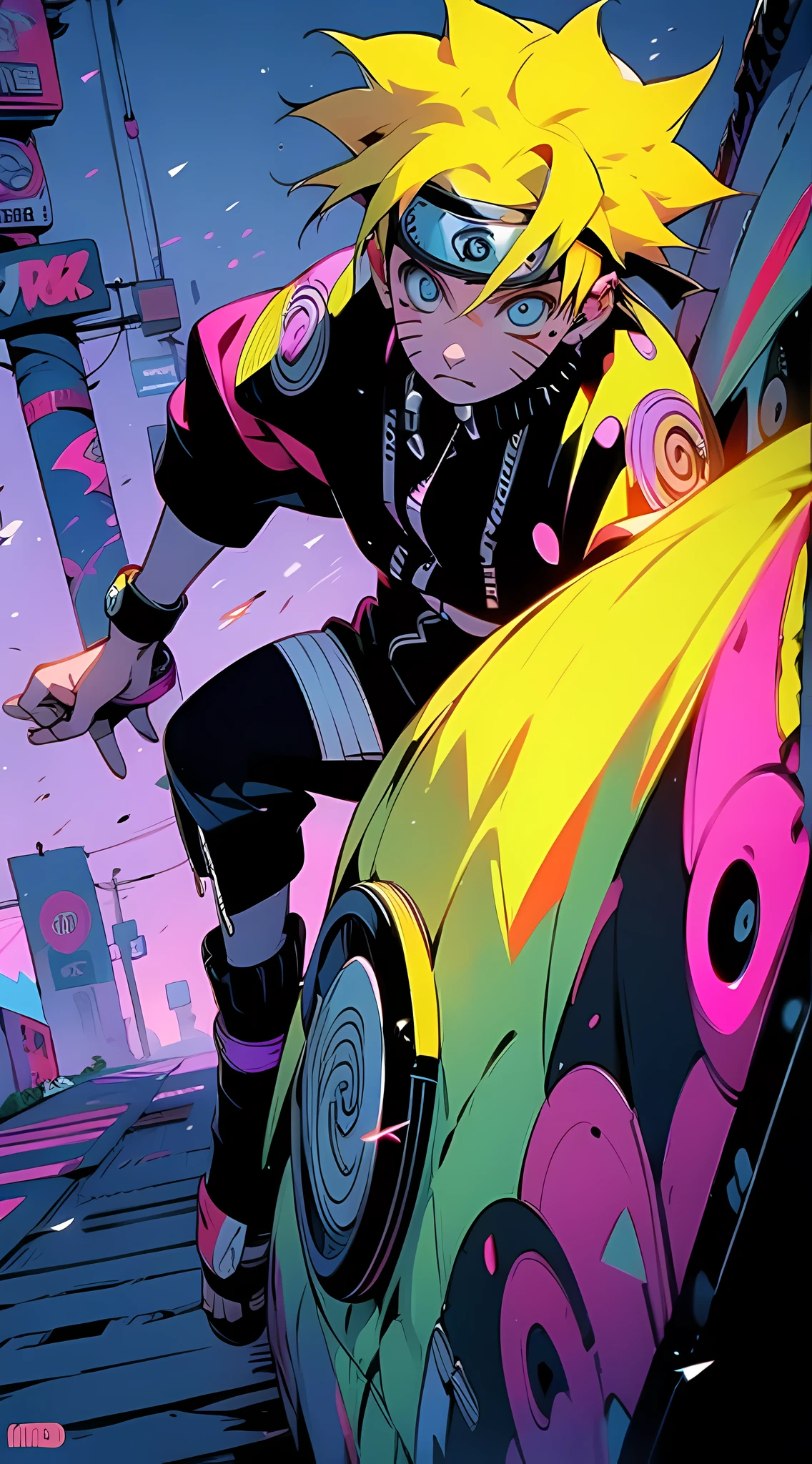 Naruto Uzumaki, elegant, detailed eyes, stylish outfit, vibrant anime style, dynamic poses, vibrant colors, street art, urban backdrop, nighttime setting, neon lights, edgy fashion, (best quality, 4k, high res, photorealistic), fashionable accessories, trendy sneakers, graffiti art, energetic expression.