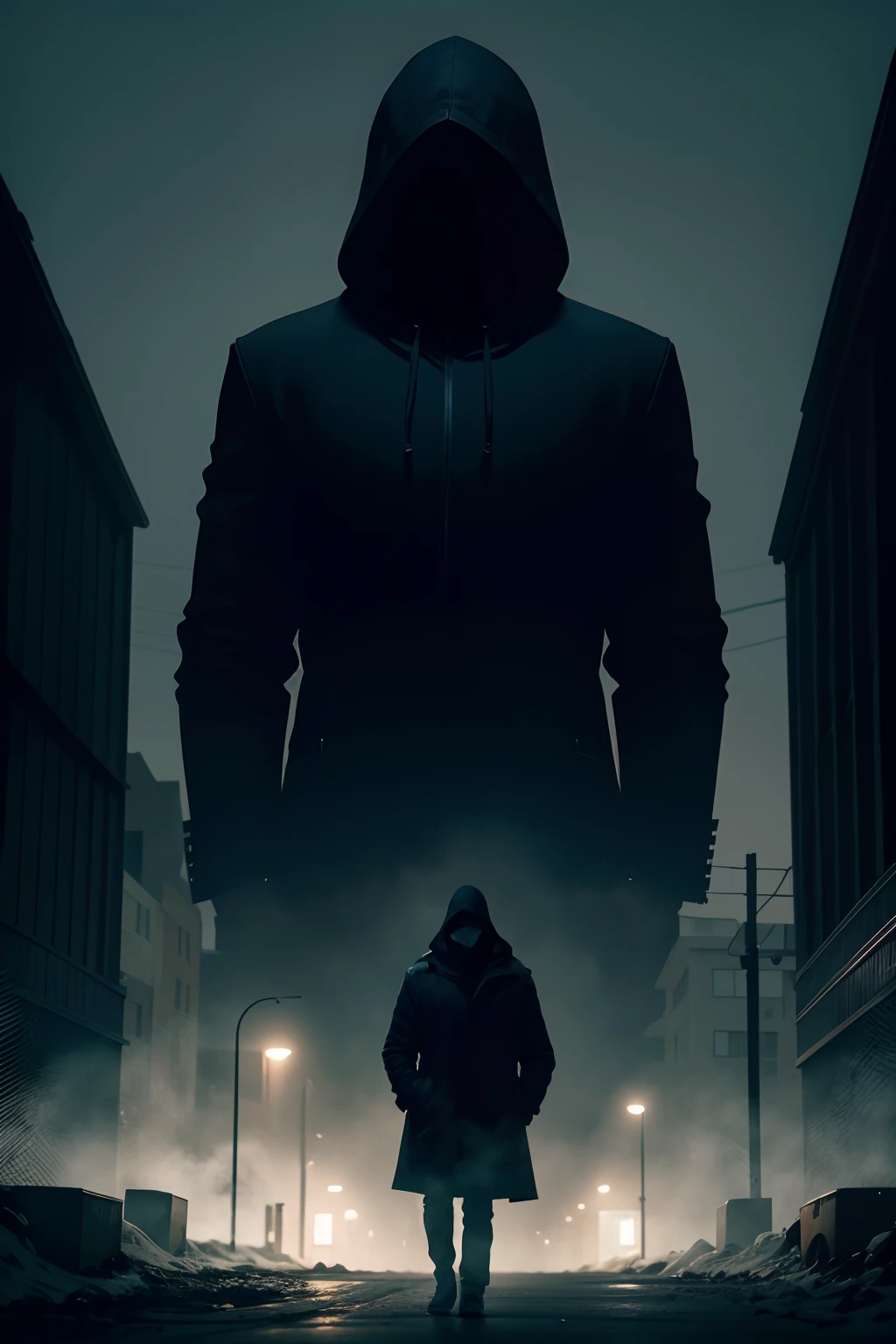 horror film, 8k picture quality, masterpiece, ultra-clean image quality, super rich detalil, silhouette of a cold face man in dark, with a hood and hands in his pockets, no one else, medium shot, city at night background, frame from the ground level