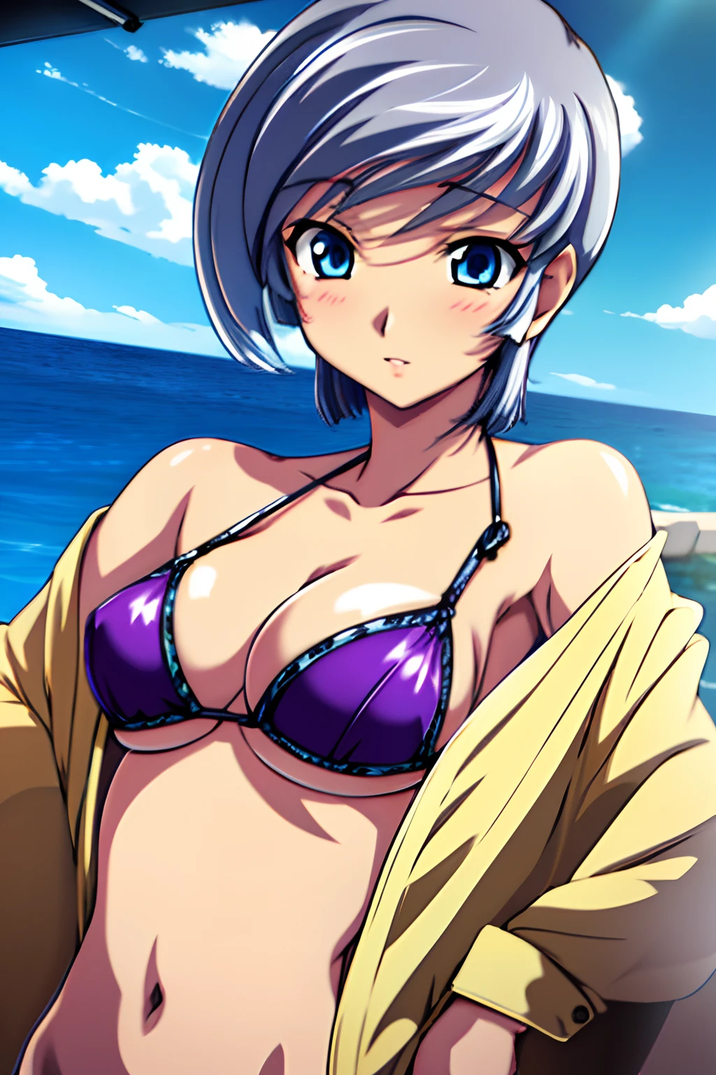 1girl in, irina_enomoto, Sea, purple Bikini, short hair, silver hair, Bangs, blue eyes, Solo, Solo Focus, female focus, Face Focus, Upper body,