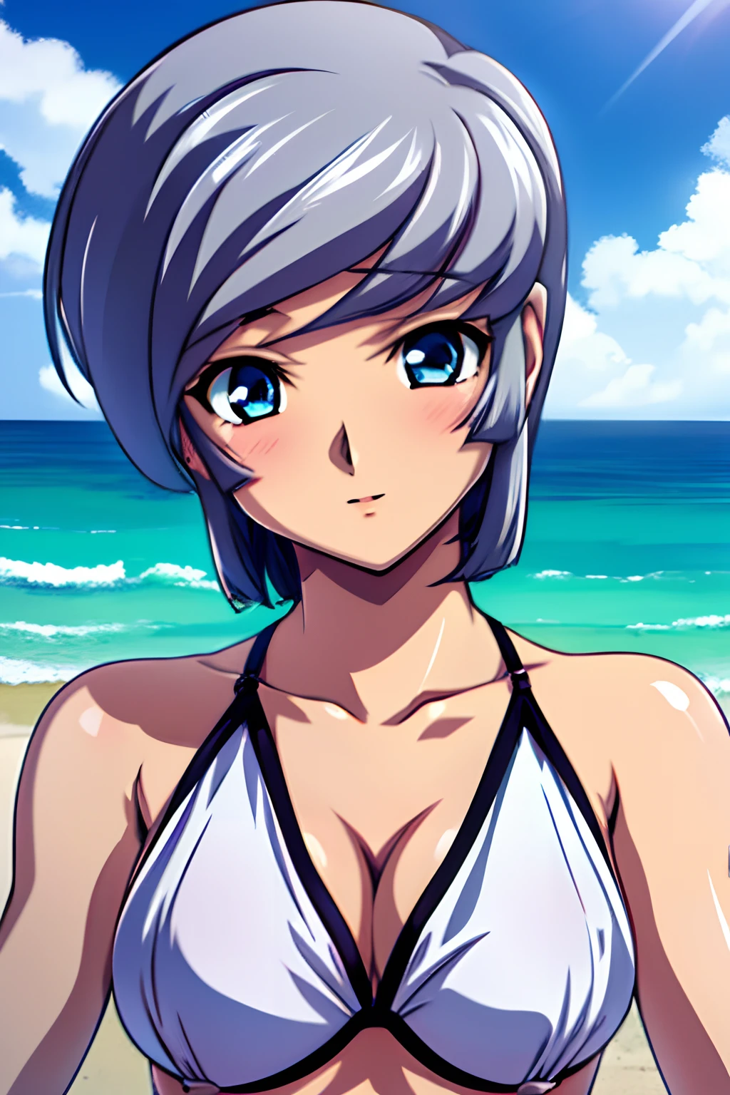 1girl in, irina_enomoto, Sea, purple Bikini, short hair, silver hair, Bangs, blue eyes, Solo, Solo Focus, female focus, Face Focus, Upper body,