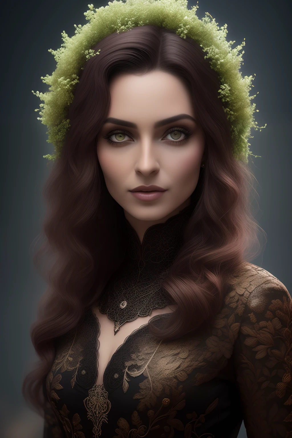 mulher de pele marrom jovem fina olhando para cima, (Magic Forest Background), delivate e rosto bastante detalhado, cabelos castanhos curtos e dourados avermelhados, detalhados e realistas olhos negros brilhantes, fadas e flores, flores silvestres misturando-se no cabelo, traje medieval ranger, corpo inteiro, cobrir, Gargantilha, pintura hiperdetalhada, Luminismo, bar lighting, Complexo, 4k resolution concept art portrait by Greg Rutkowski, Artgerm, WLOP, little fusion pojatti realistic goth, fractal  isometrics details bioluminescens : uma fotografia realista impressionante 18 anos-imagine -