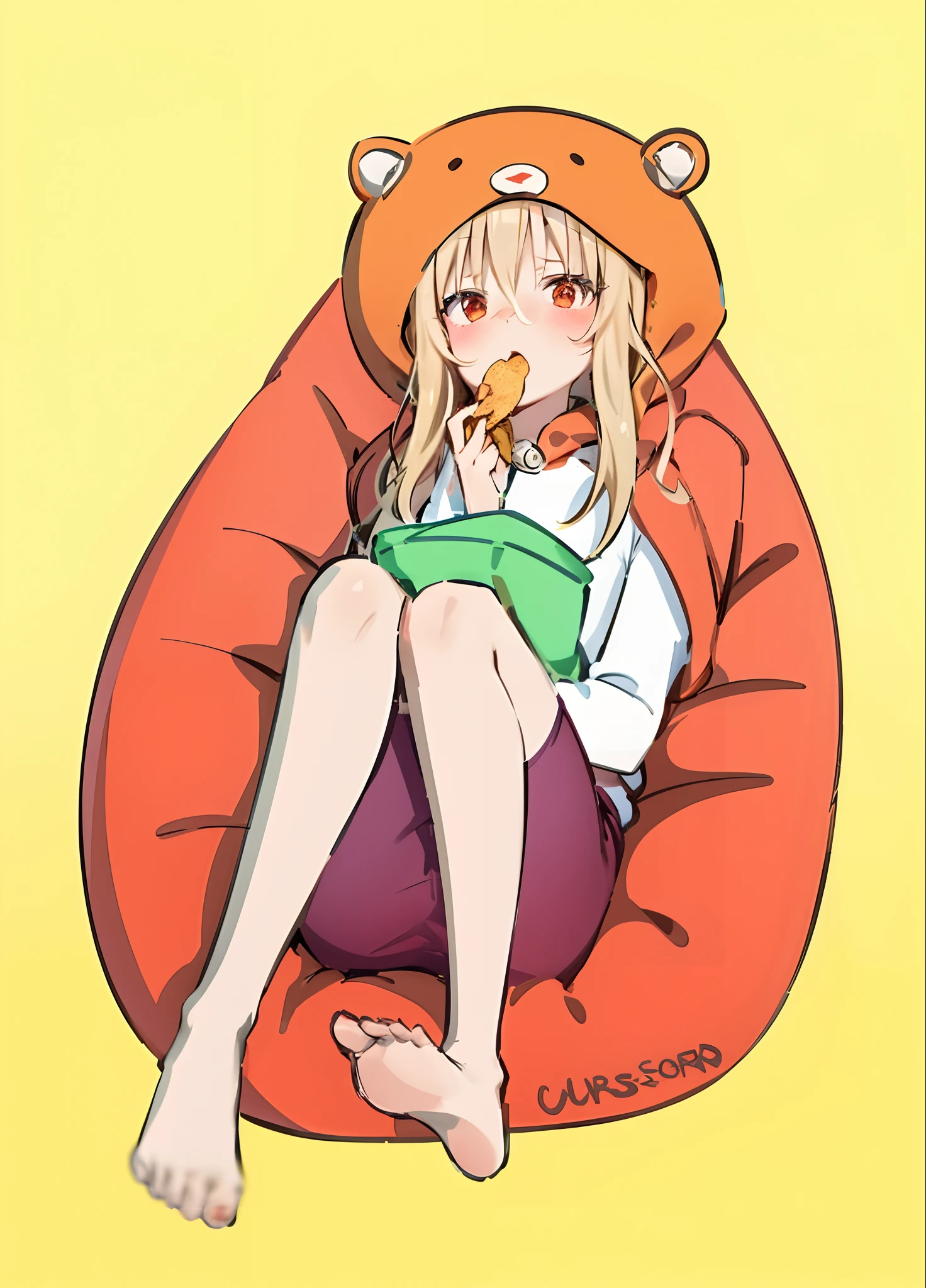 Umaru-chan sitting on a bean bag chair , eats chips