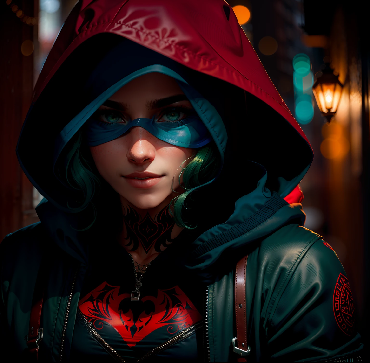 MULHER IN RED HOOD ON HEAD, with an air of mystery, TATUAGEM PROXIMO AOS OLHOS, COM OLHOS BEM VERDE, SERIA OLHANDO PARA FRENTE, TOTALMENTE DE FRENTE, COMO SE ESTIVESSE OLHANDO NOS OLHOS, sentado de lado, cobrindo os olhos, with your hands in your pockets, de lado, gritando, com os olhos coberto, rosto parcialmente coberto. tatuagem forte no rosto, capuz todo vermelho. sem azul no capuz. MULHER DE capuz azul e verde e sorrindo