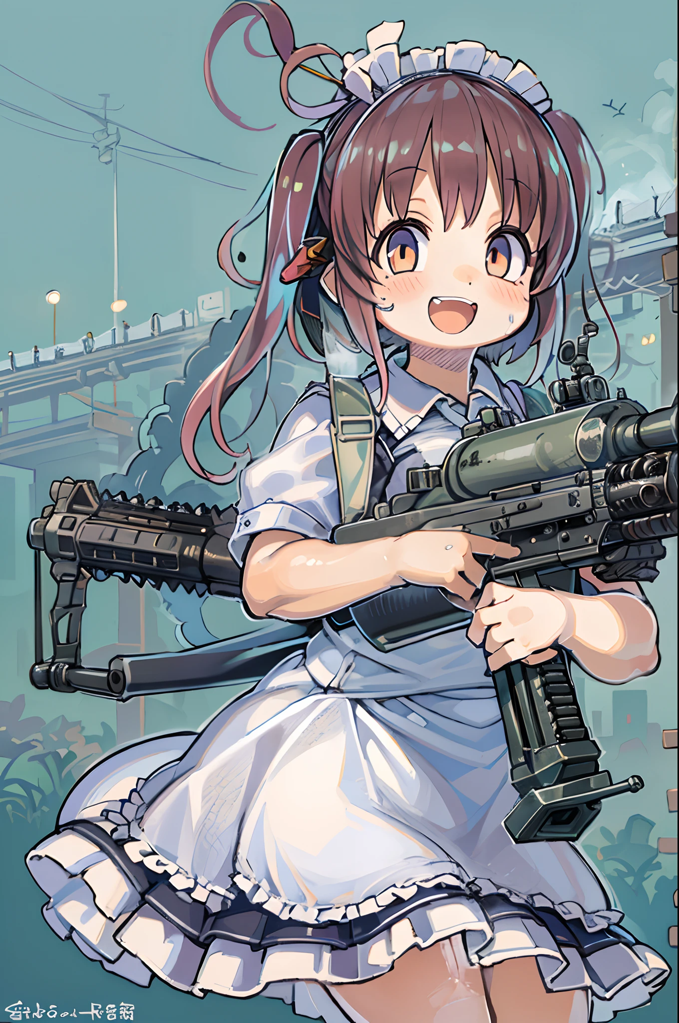 masutepiece, Best Quality, 1girl in, Empty eyes, Utsurome, maid, Smile,a child girl,Lori,(((Huge assault rifle))),rocket launcher