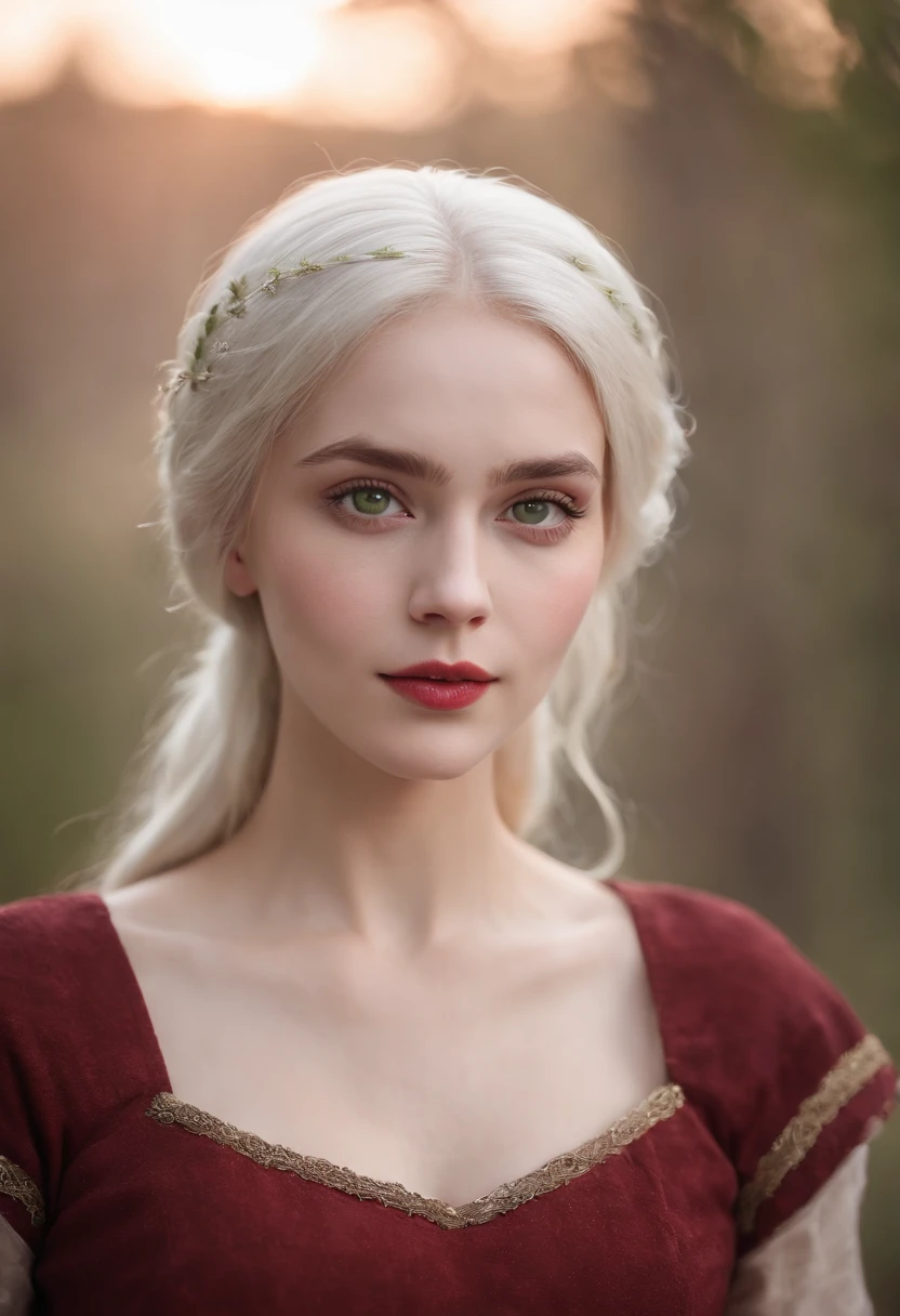 (((a deep reddish wound crosses her left cheek))) fair complexion, woman around 19 years old, natural white hair, distinctive green eyes, wearing kohl, slender and graceful, beautiful, candlelight in a medieval setting, ultra sharp focus, realistic shot, medieval female clothes, tetradic colors (scar:1.4)