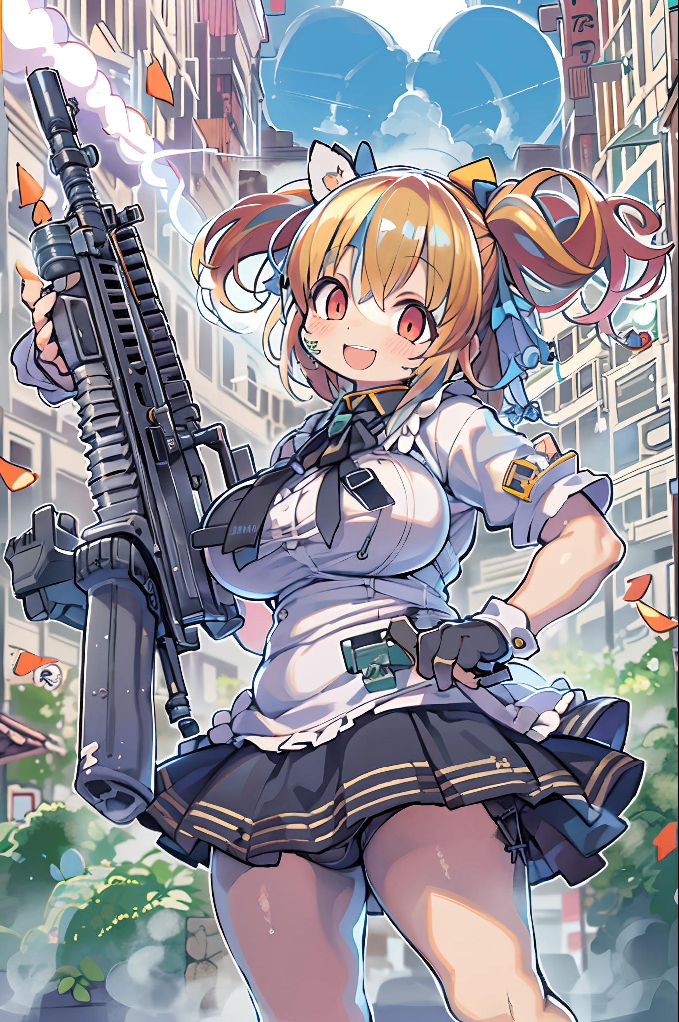 masutepiece, Best Quality, 1girl in, Empty eyes, Utsurome, maid, Smile,a child girl,Lori,(((Huge assault rifle))),rocket launcher