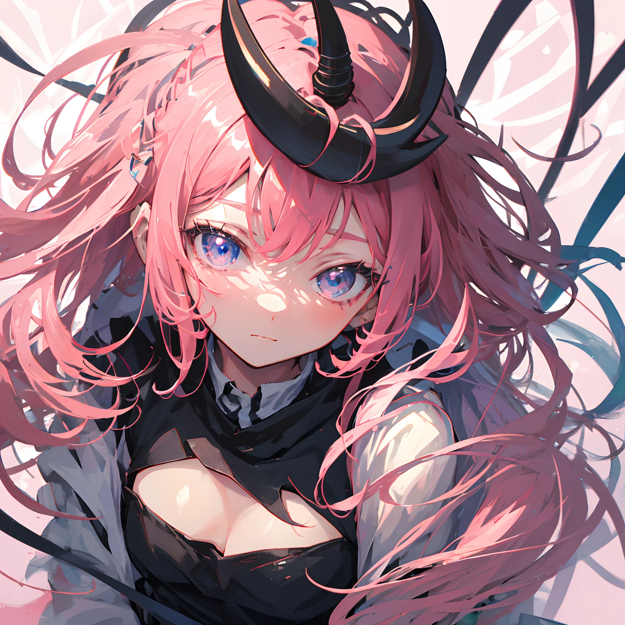 anime girl with pink hair and black horn and a tail, looking at the camera, close up