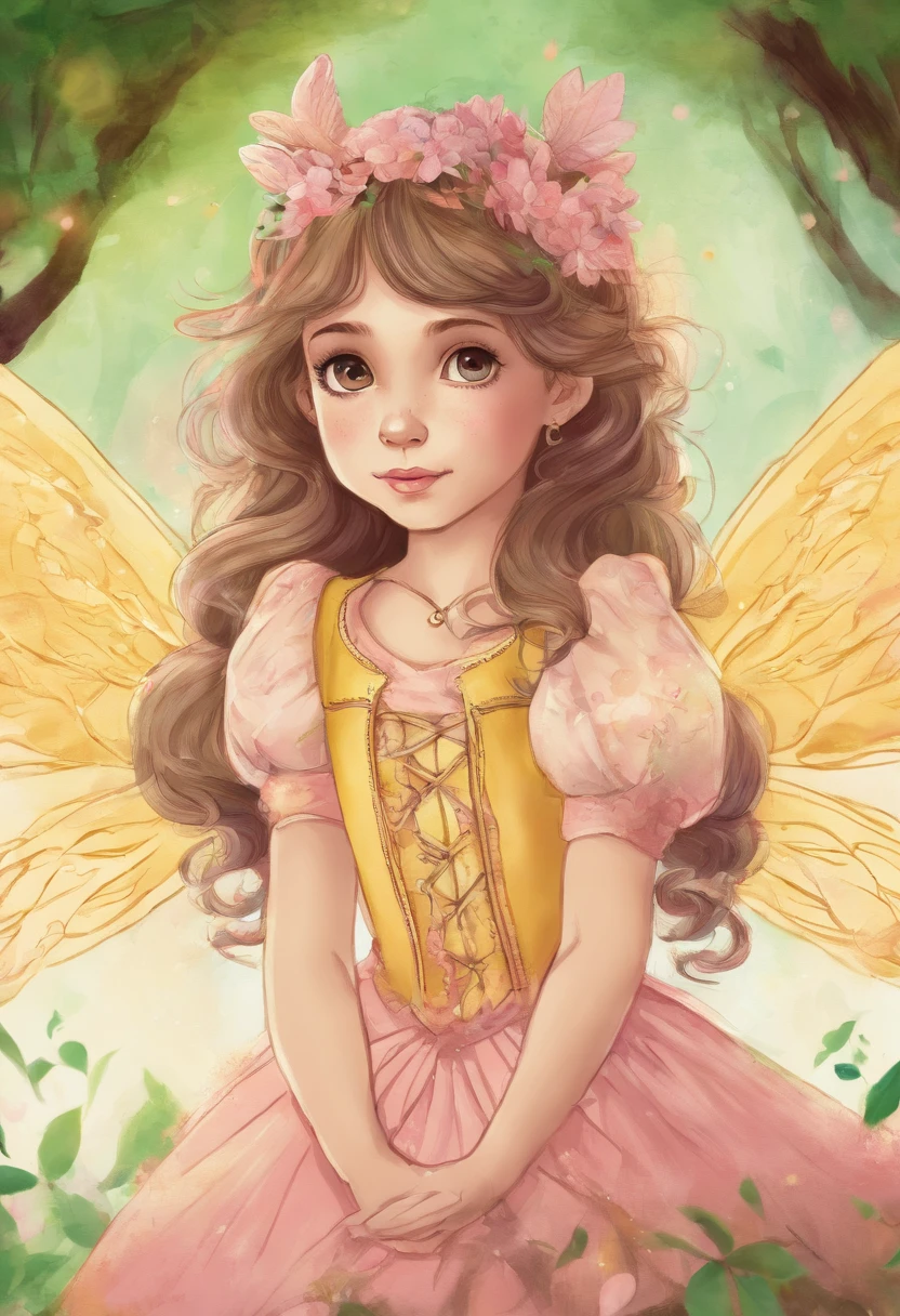 menina, 5 anos, com curiosos olhos verdes, cabelos loiros, Cores, Camisa de manga curta amarela estilo Disney e shorts rosa, no fundo cidade pequena, Being in a determined position to conquer the world