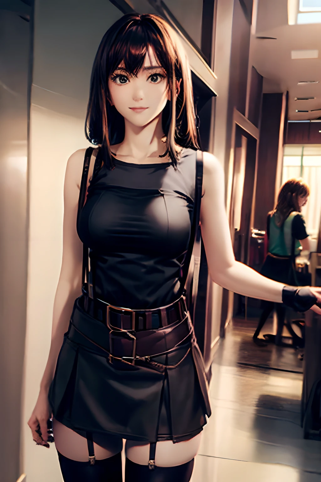 a black skirt, Tank Tops suspenders, Brown hair short, Gray eyes, holster, Garter belt on the legs, Large breasts, both sides Behind No Bra Belt