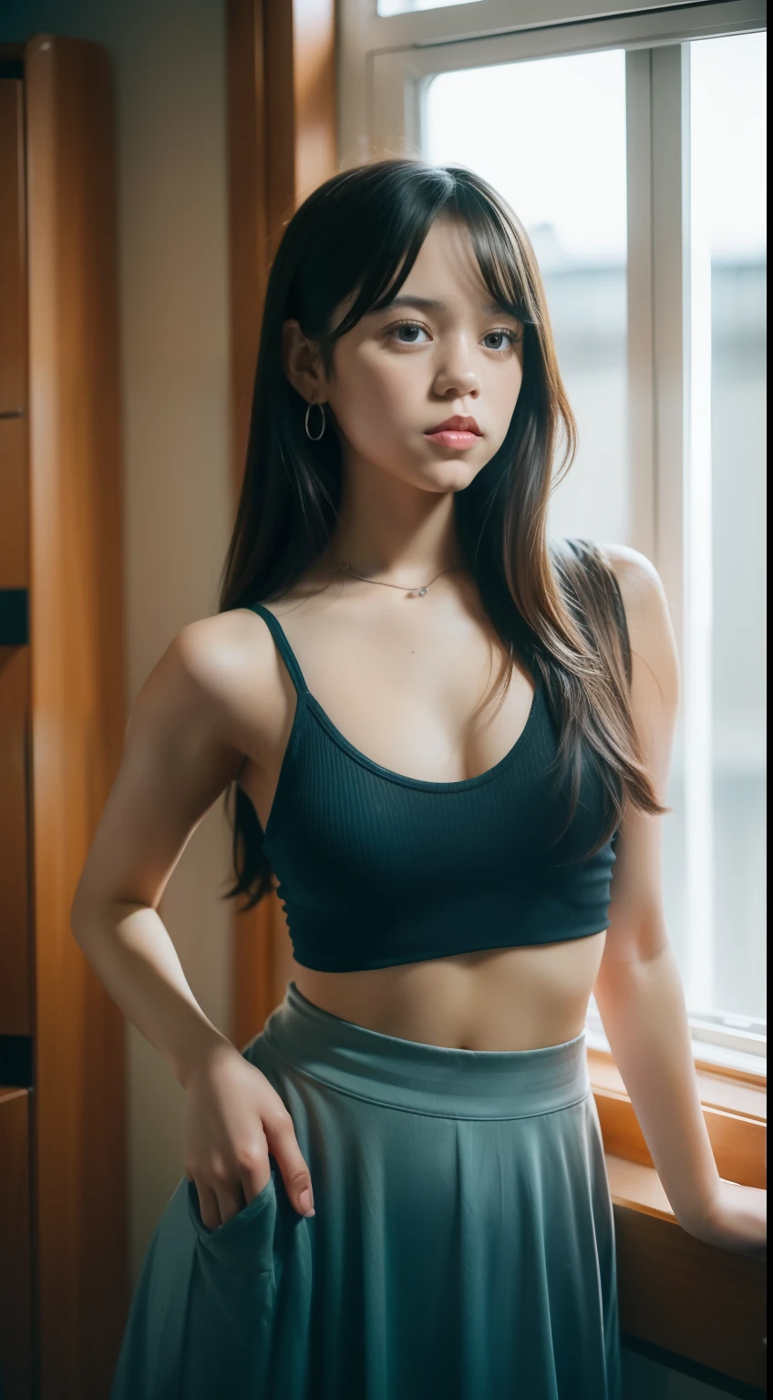 Photo of Jenna Ortega, spaghetti strap tank top, semi-transparent_wet_tank top, cleavage breasts, skirt, blue eyes, very long hair, hyper detailed, looking at the viewer, hourglass body, muscular, cozy atmosphere, classroom, photography, session of photos, captured by Panavision Panaflex Platinum Camera with Panavision Primo Primes 50mm T1.9 spherical lens