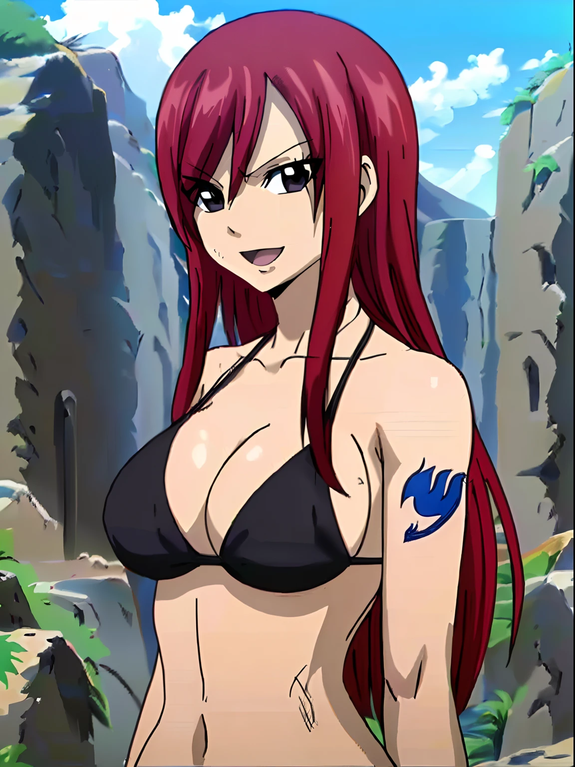 Scarlet erza, (tiny black bikini only), adult woman, big breasts, standing, cowboy shot, best quality, ((right shoulder)), slightly strong arms, looking at viewer, left shoulder tattoo, big smile, perfect body, feeling pain, open mouth