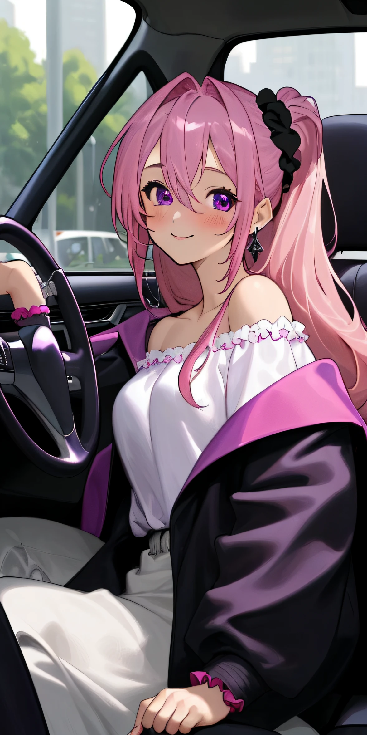 (masterpiece, best quality),1girl sitting in a car ,1girl, jewelry, smile, looking at viewer, car interior, solo,pink hair, purple eyes, steering wheel, blush, long hair, white shirt, off shoulder, black jacket, hair between eyes, long sleeves, , wrist scrunchie,