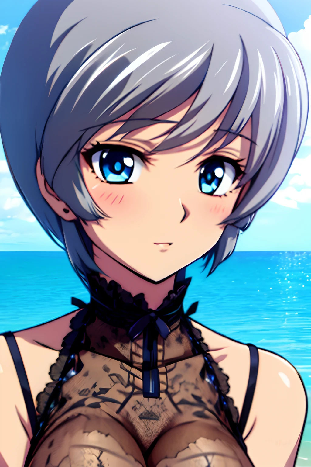 1girl in, irina_enomoto, Sea, purple underwear, short hair, silver hair, Bangs, blue eyes, Solo, Solo Focus, female focus, Face Focus, Upper body,