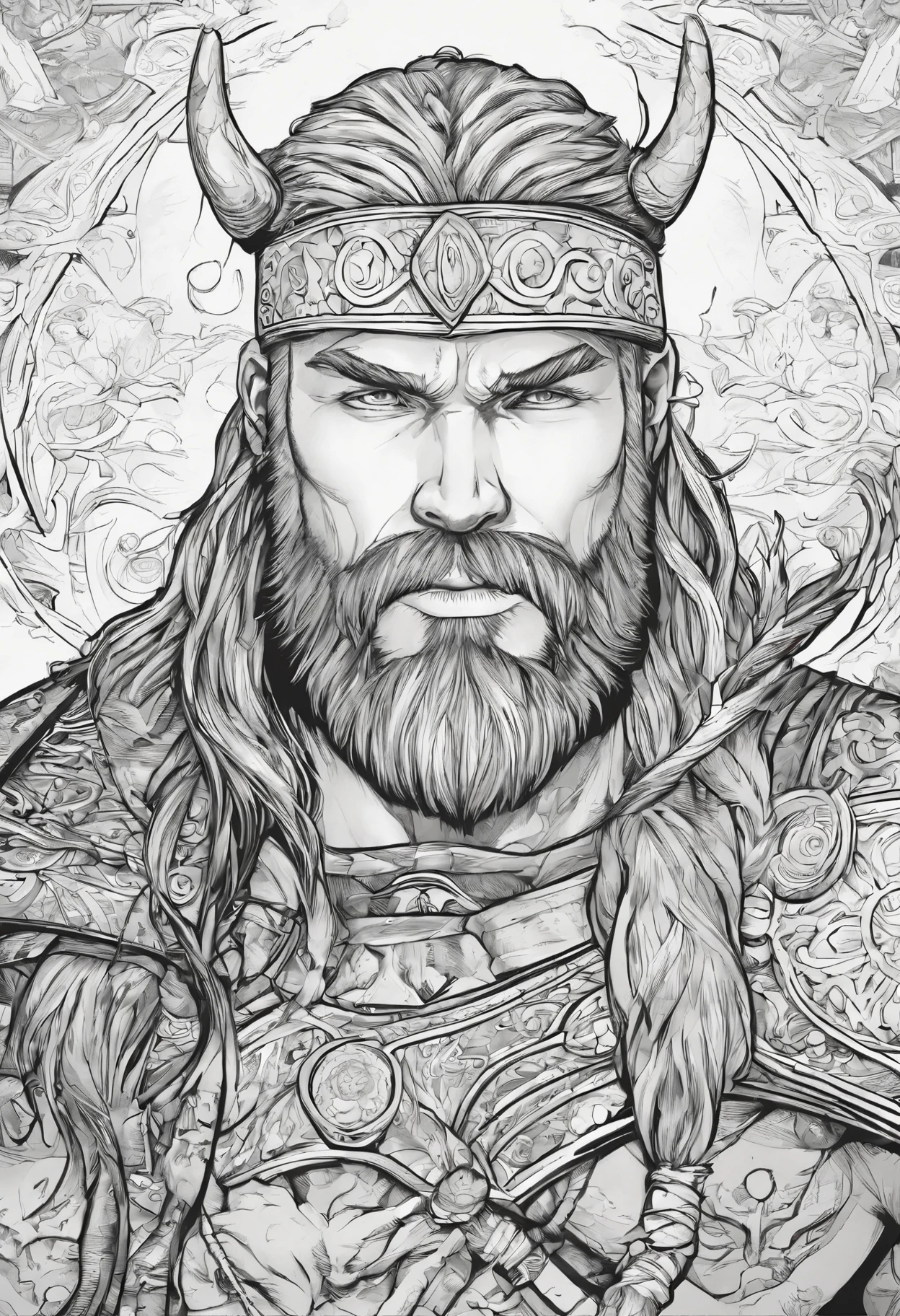 Retrato de um homem de 30 anos viking, preto e branco, linhas finas e grossas, com barba e longos cabelos castanhos e rosto tatuado com fundo liso branco