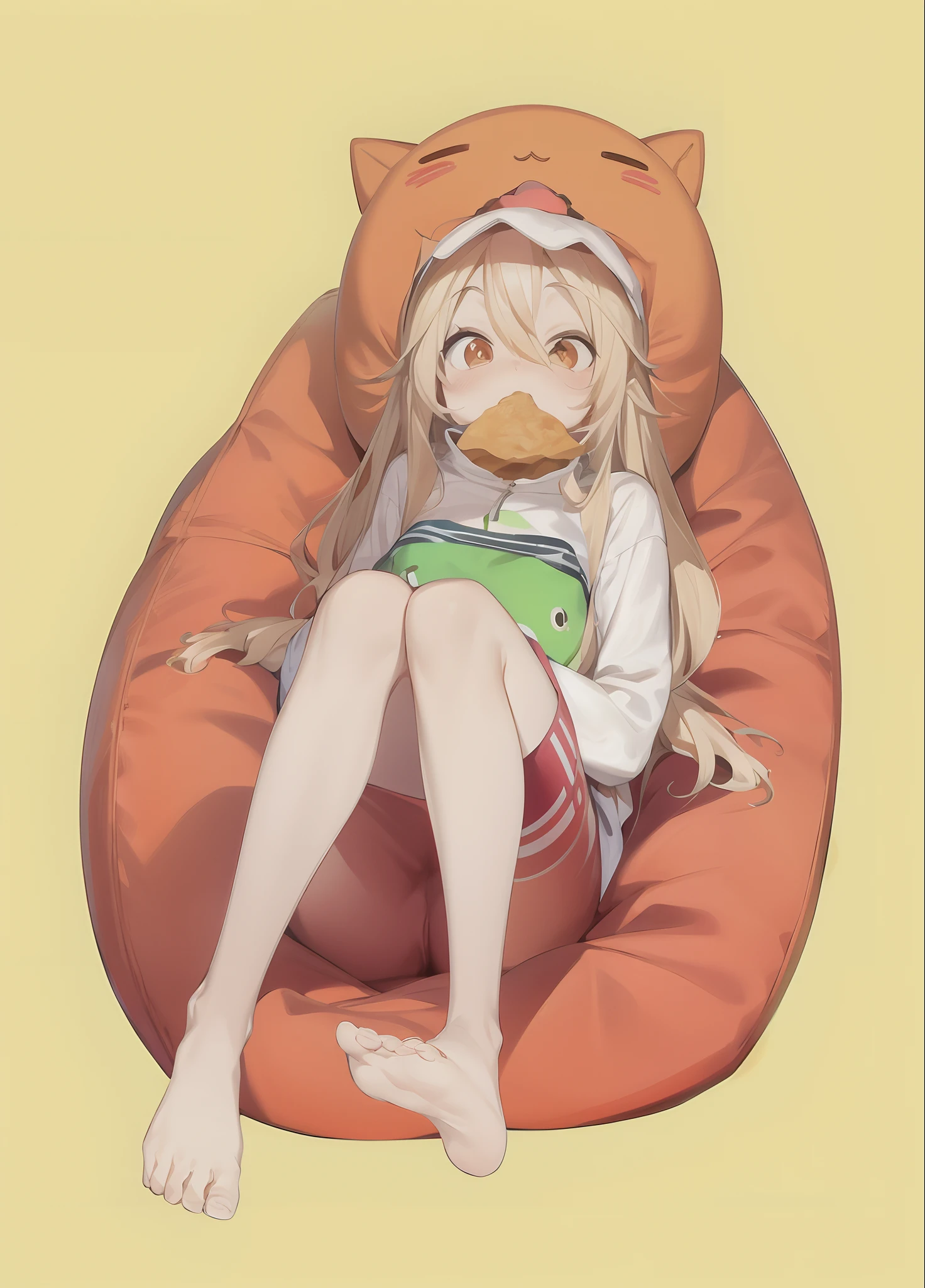 Umaru-chan sitting on a bean bag chair , eats chips