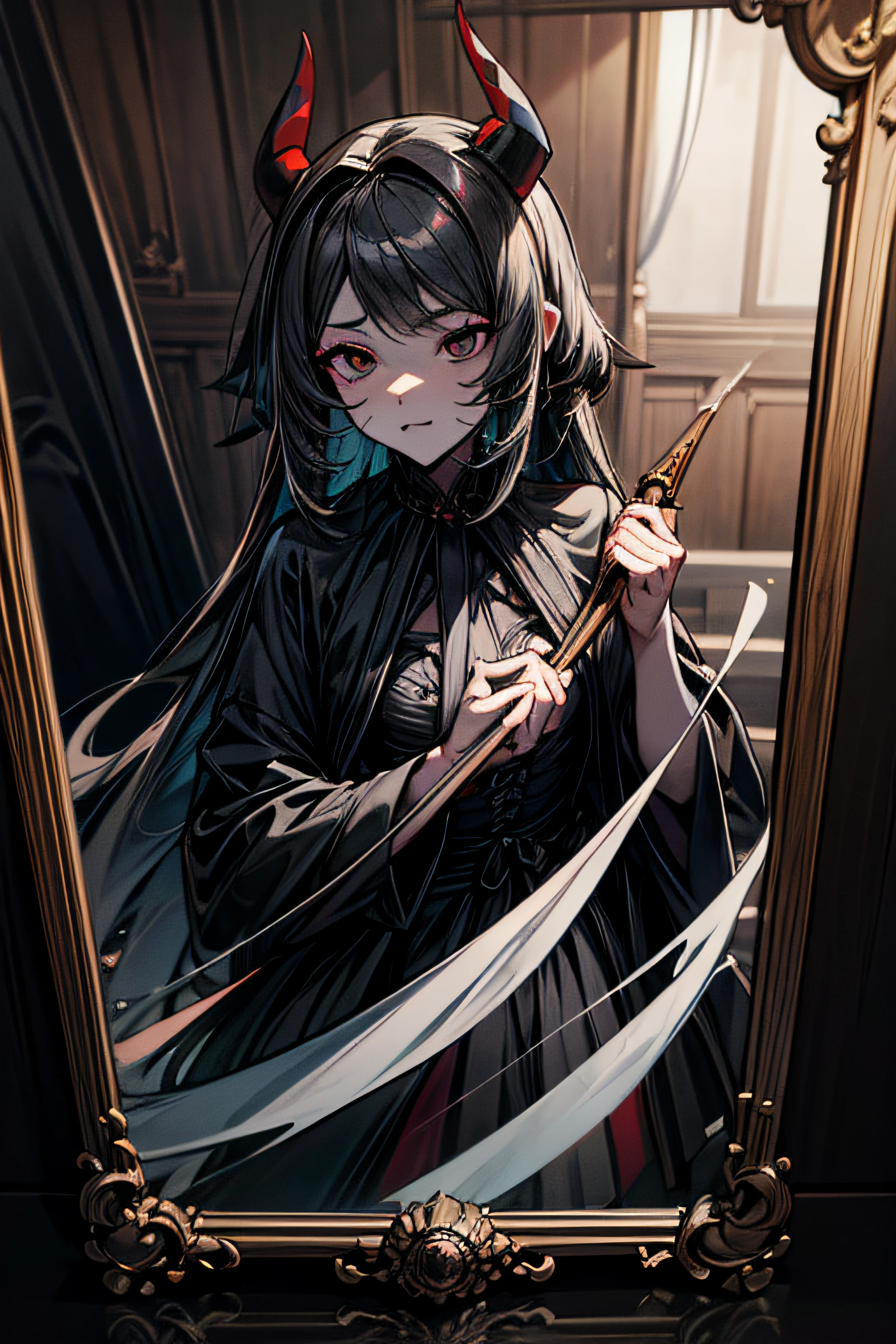 A cultist woman wearing a mirror masquerade mask, A black robe, un estilete en la mano y perfora la otra mano, The demon in the mirror devours the body of the cultist through the mask, An obsidian mirror appears behind and a mirror demon strikes it from the inside.., Alto realismo, High detail. The devil has pale and slippery skin, extremidades largas con garras, una boca grande con muchos dientes afilados y una lengua larga que cuelga de la boca. el cuerpo es delgado, Las costillas son visibles, Hundreds of little black eyes. Tiene una altura de 2 metros,Estilo Black Souls, Clear lines, bosquejo, sombreado.