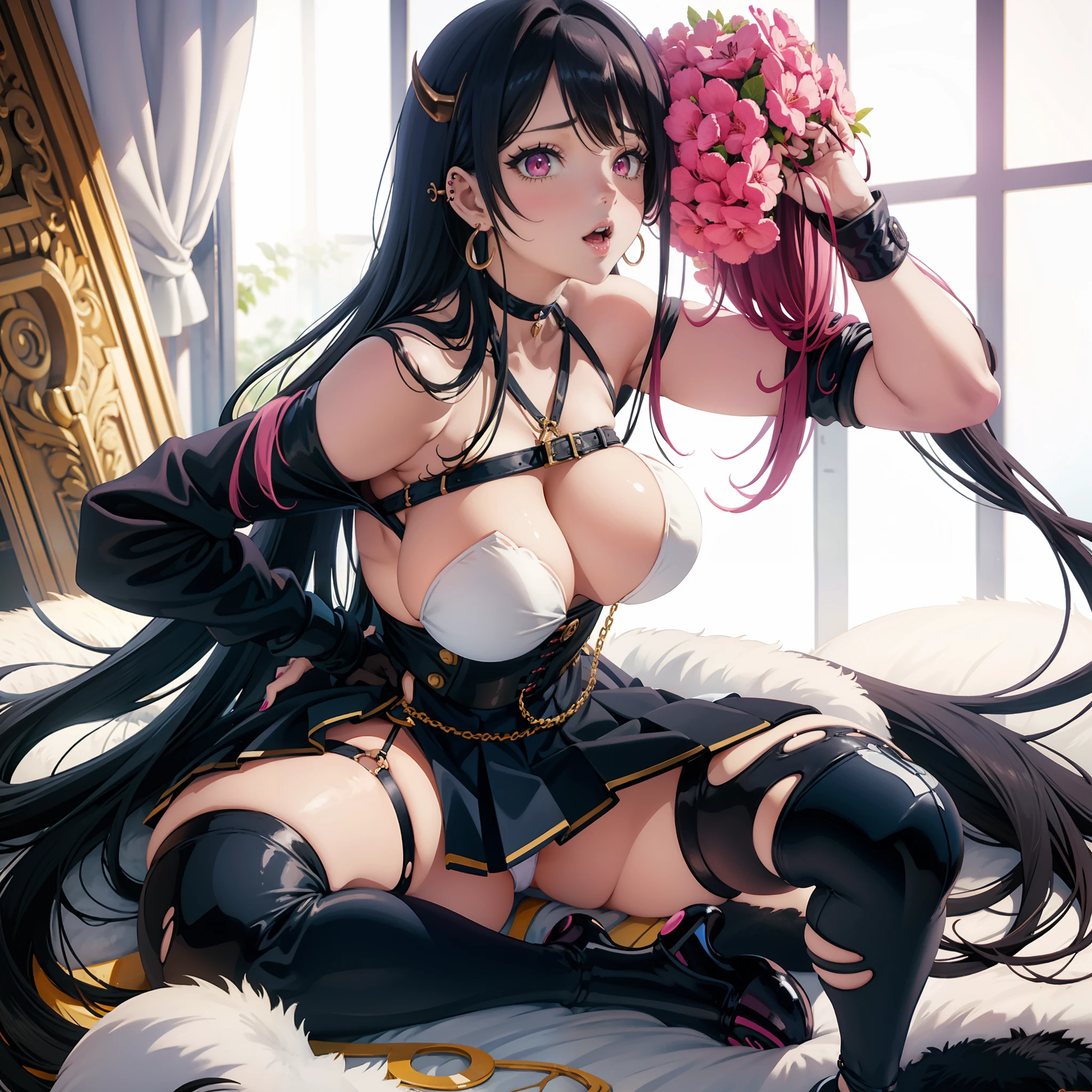 anime, 1girl, huge breasts, huge boobs, large boobs, massive boobs, cleavage, black hair, pink eyes, mini skirt, garter belt, suspender belt, stockings, high heels, choker, tattoo, big ass, huge ass, hourglass body, abs, midriff, wide hips, slim waist, thin waist, skinny, curvy, curvy body, thicc, thick thighs, thighs, earrings, piercings, JK, gyaru, succubus, fangs, nsfw