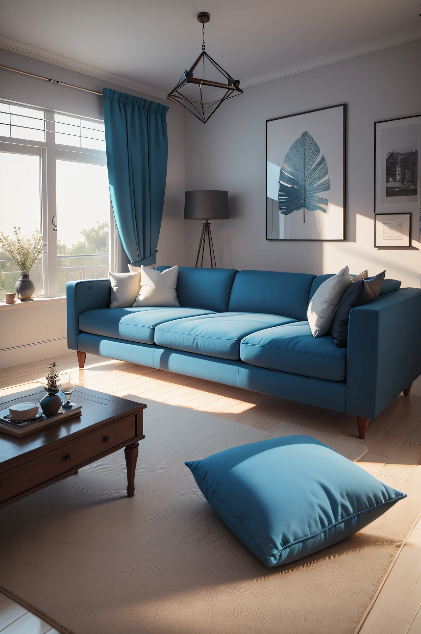 Interior of living room with blue sofa 3d rendering
