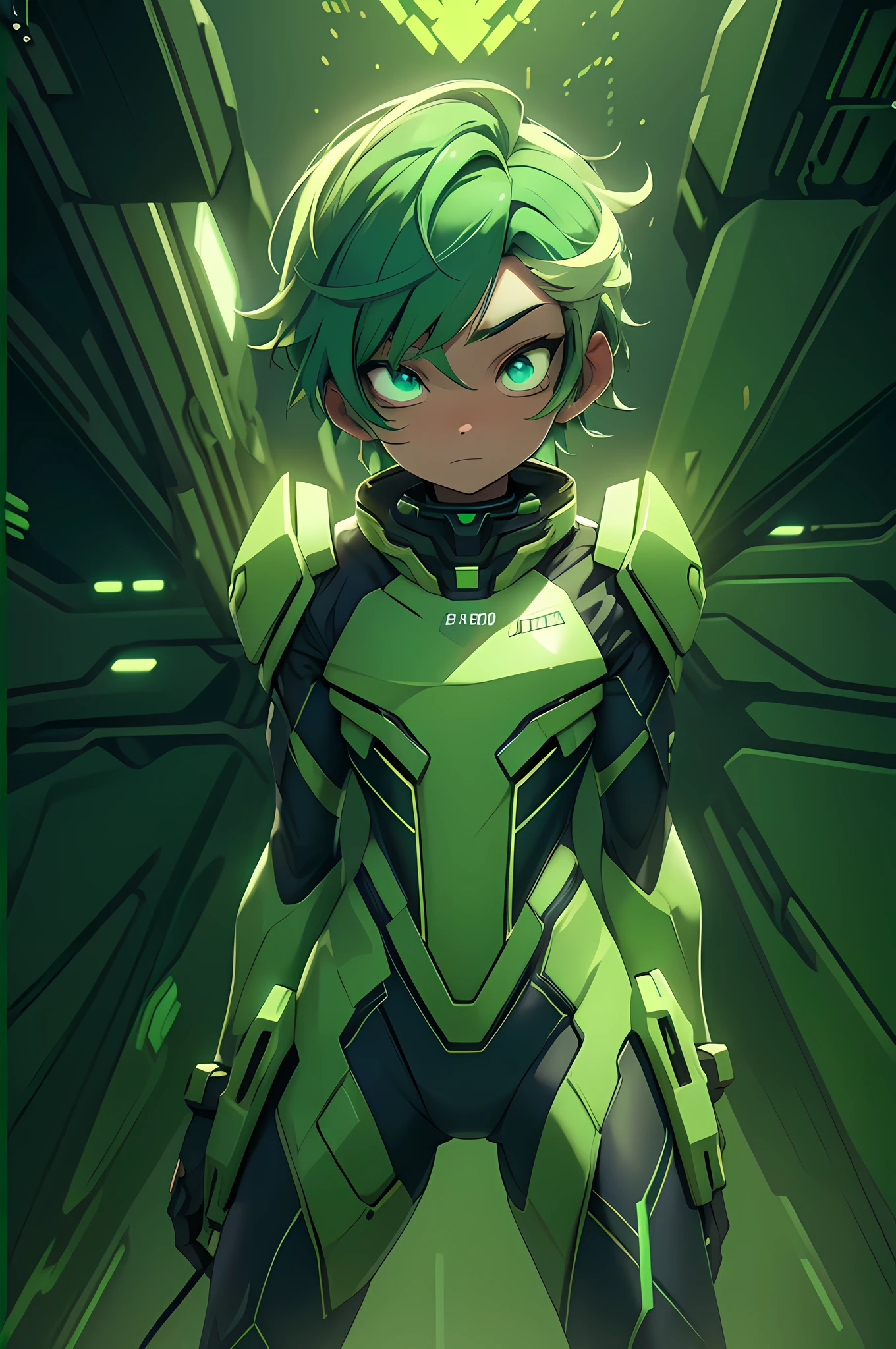 (a boy,green hair,green mech suit,neon,space background),(best quality,4k,8k,highres,masterpiece:1.2),ultra-detailed,illustration,sci-fi,electric blue lighting, vibrant colors, glowing eyes, futuristic, high-tech, agile pose, energy beams, action, starry sky, cosmic dust, vibrant , cyberpunk aesthetics, dynamic composition, full body
