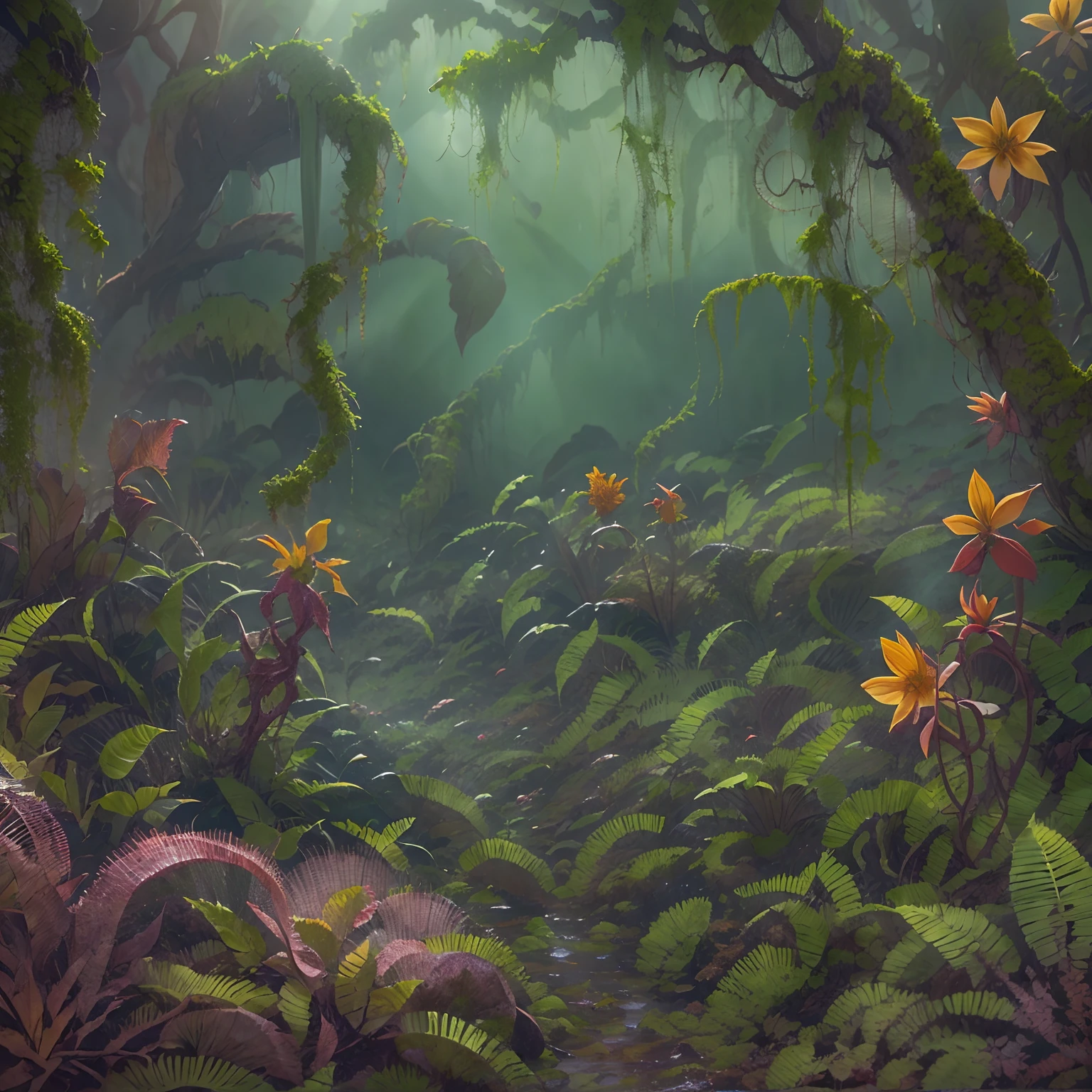 Bright flower field, jungle, thickets, swamps, fog, old jungle, vines, vines on branches