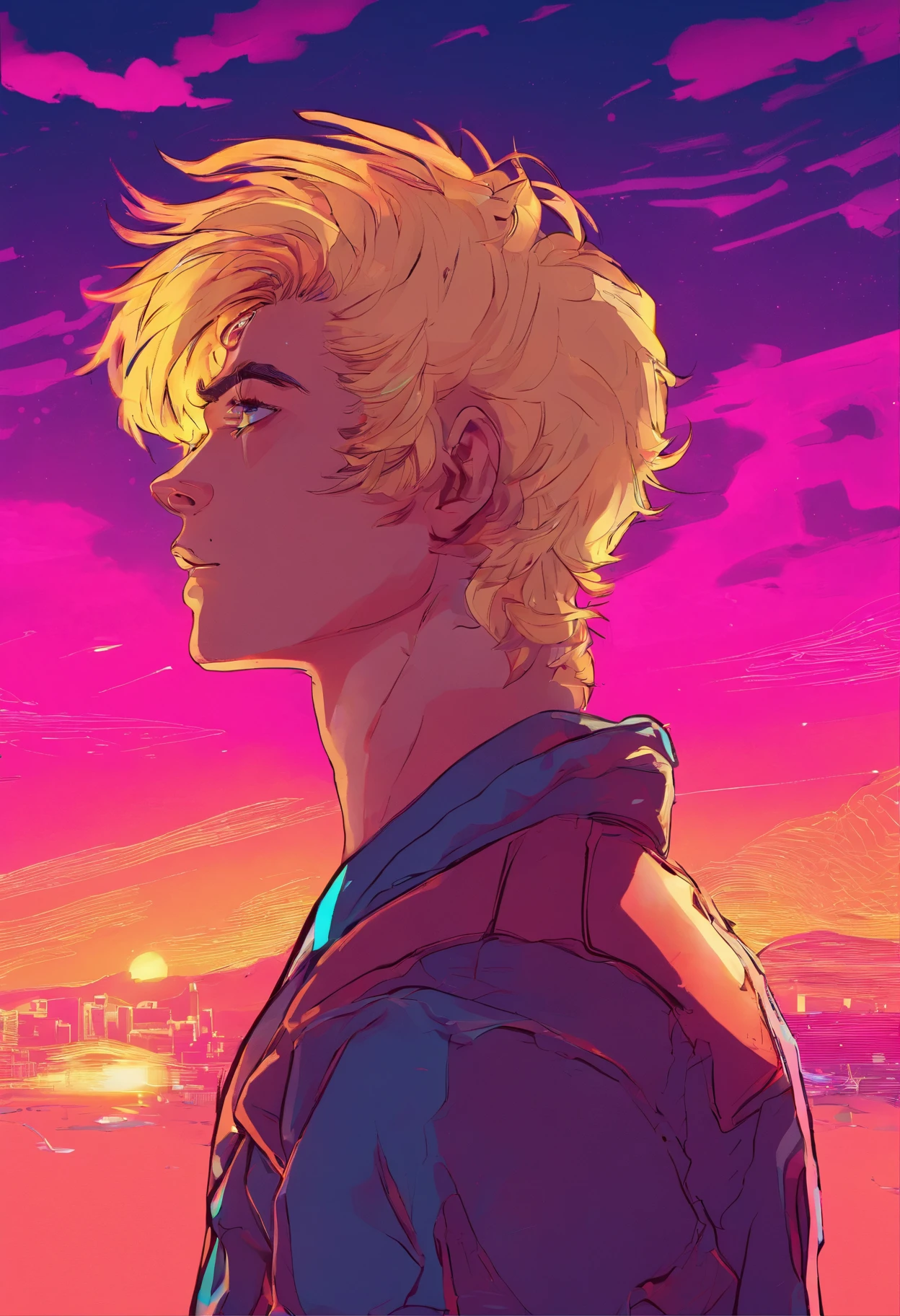 Boy, teenage, medium hair, blond hair, he looks at the horizon, the sunset in the background, his eyes are blue