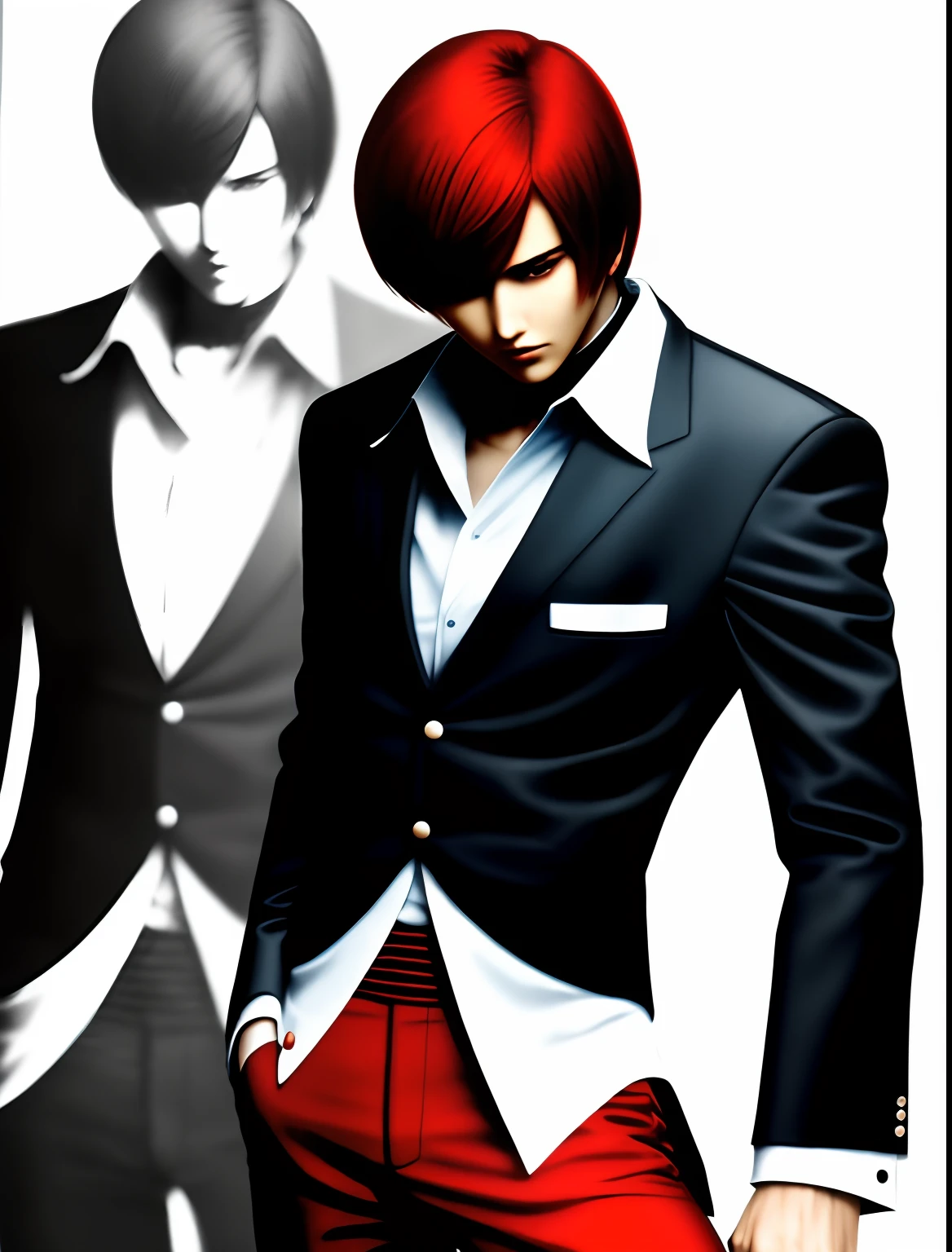 tmasterpiece，best qualityer，Yagami Ijiri，1boys,Red hair，Blue flame in hand,Black and white cloth，Red pants，Have on the street