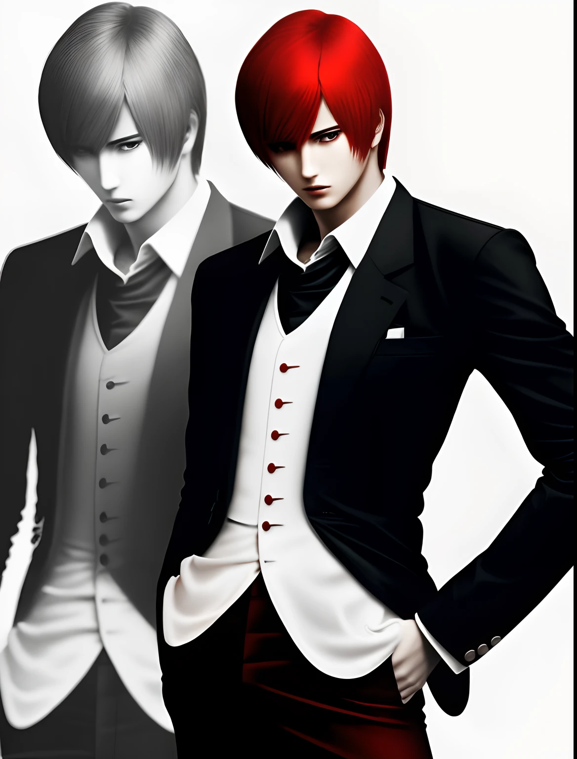 tmasterpiece，best qualityer，Yagami Ijiri，1boys,Red hair，Blue flame in hand,Black and white cloth，Red pants，Have on the street