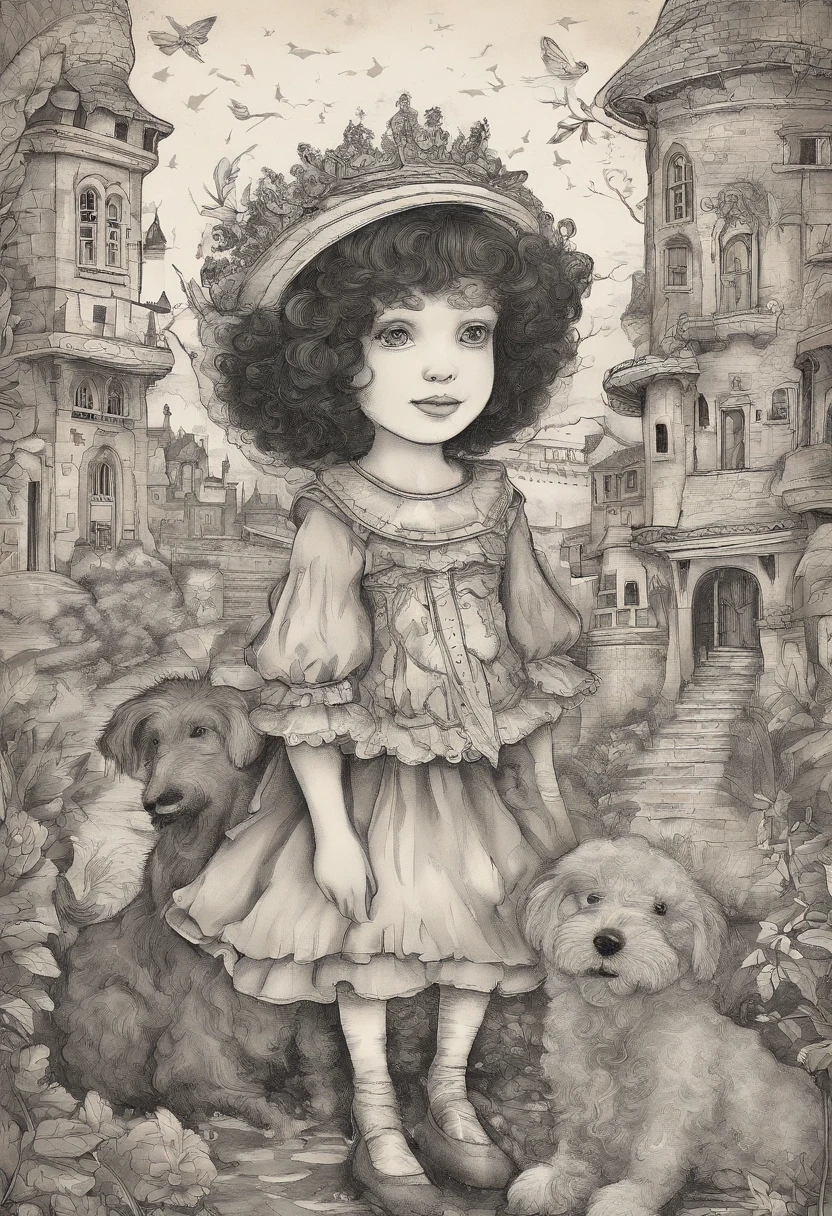 menina loira, 5 anos, brincando com sua cachorrinha preta, um poodle, in the background small buildings