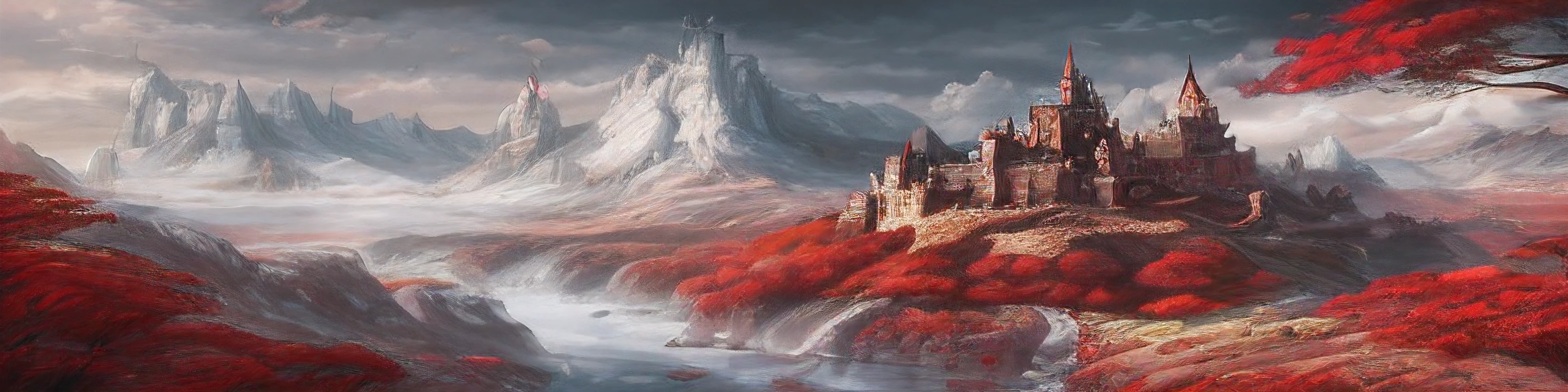 a painting of a castle in the middle of a mountain with red trees, detailed fantasy digital art, 4k fantasy art, detailed fantasy art, 8k fantasy art, highly detailed fantasy art, impressive fantasy landscape, fantasy art landscape, beautiful detailed fantasy, detailed matte fantasy painting, 4 k detail fantasy, medieval fantasy landscape, high fantasy landscape, 8k high quality detailed art