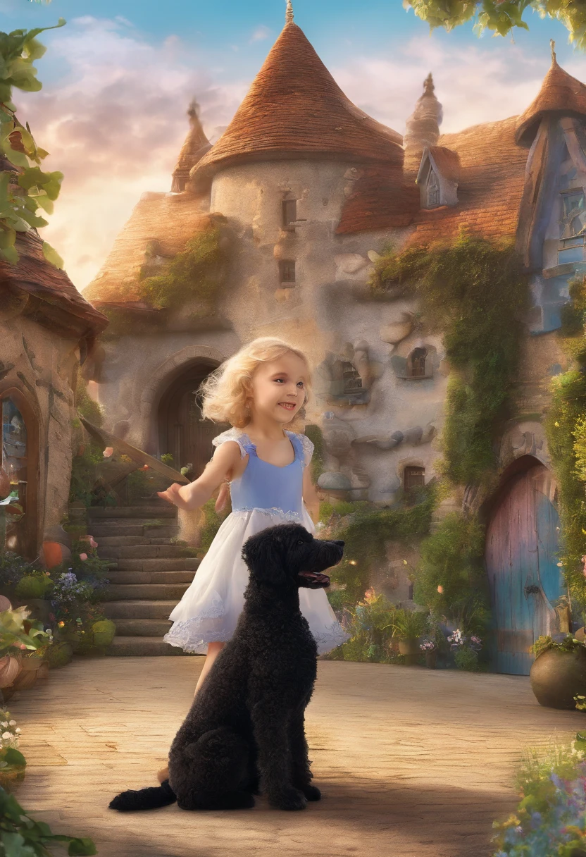 blond girl, 5 years old, playing with her black puppy, a poodle, small buildings in the background, (best quality,4k,8k,highres,masterpiece:1.2),ultra-detailed,realistic:1.37,illustration,playful atmosphere,colorful composition,vivid colors,natural lighting