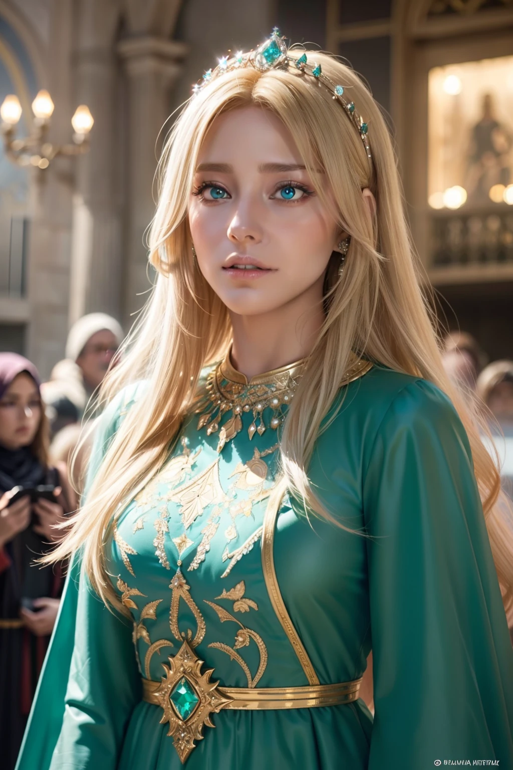 European Princesse blond hair long hair light make-up glowing crystal eyes hyper realistic super detailed Dynamic shot master piece scene cinématique scènes movie Epic Legendary perspective princesse Wearing Islamic moroccan Caftan green