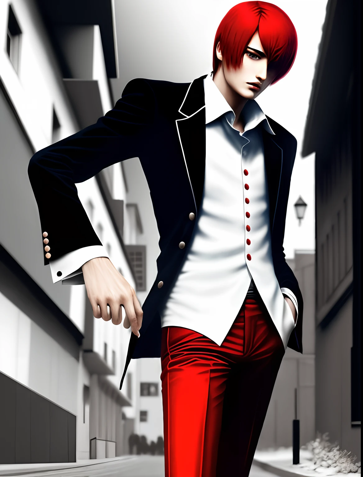 tmasterpiece，best qualityer，Yagami Ijiri，1boys,Red hair，Blue flame in hand,Black and white cloth，Red pants，Have on the street