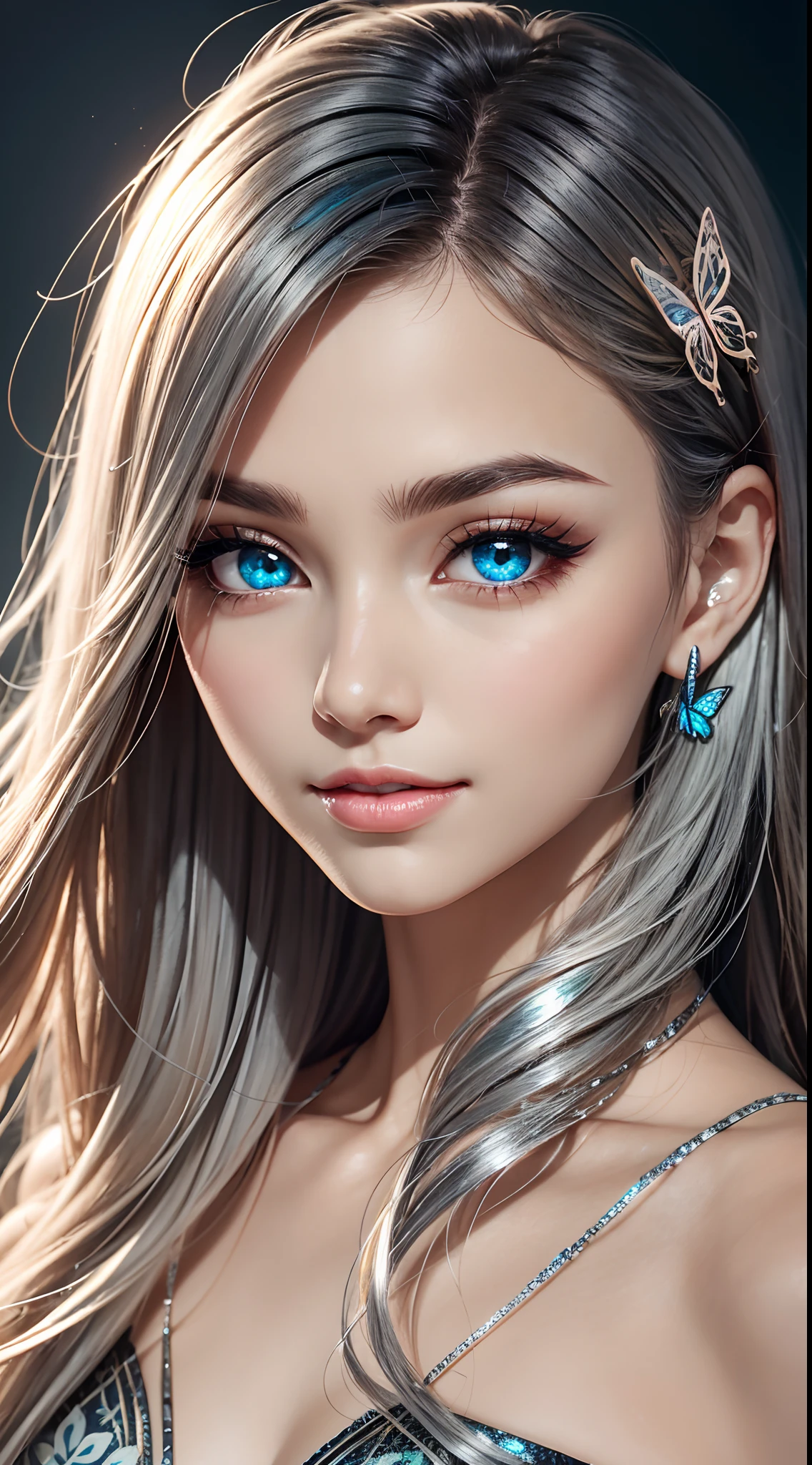 16k high quality wallpapers(Detailed eyes,Long eyelashes,Bright and colorful iris,Expressive eyebrows,Blend eyeshadow perfectly,Eyes sparkle,Reflective eyeballs,Heterochromia),(Silver-blue long-haired girl 0.8 lots of hair 1。3 Delicate hair 1。2),(Long transparent dress,floral patterns:1.4,),(Gorgeous and delicate glowing little butterfly hair ornament,brilliant colorful,Fine engraving,Shine brightly,The attention to detail,The jewelry is of high quality,Extremely high image quality)White Skin Skin,Seductive smile emoji,Close-up shot