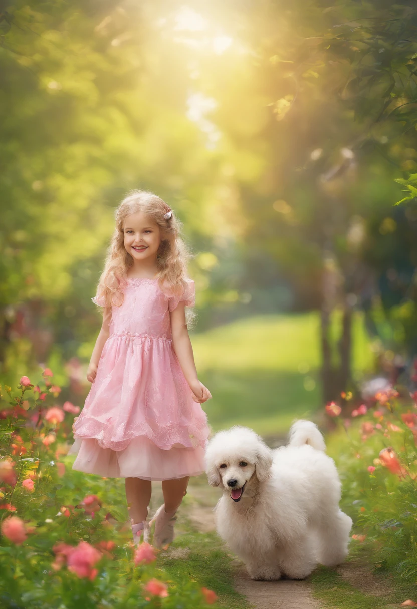 (best quality,high-res,masterpiece:1.2),ultra-detailed,realistic,portrait,kids,girl,playful,blonde hair,long hair,cute smile,detailed eyes,detailed lips,happy expression,black poodle puppy,small-sized dog,puppy,pets,adorable,beautiful outdoor setting,sunny day,colorful flowers,green grass,tall buildings in the background,focus on the girl and the dog,joyful atmosphere,lively scene,childhood memories