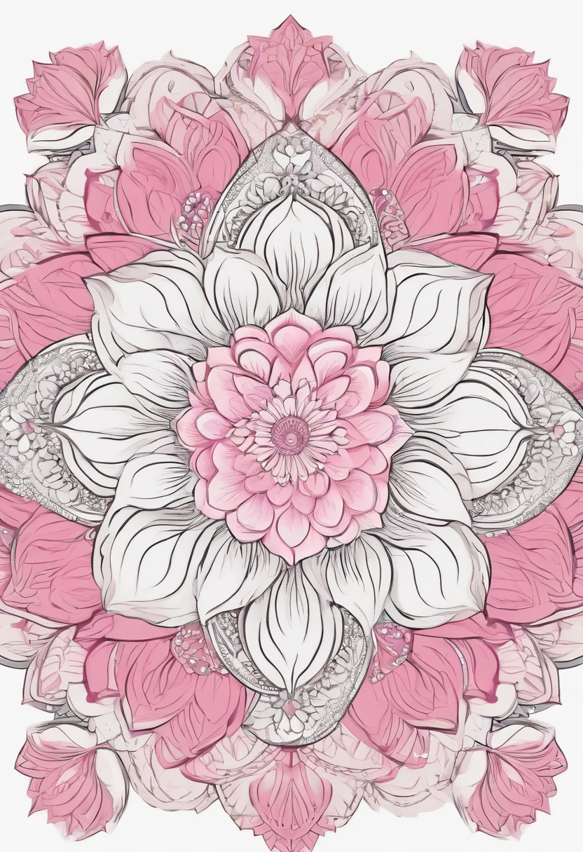 Mandala illustration background white,Round with border,Pink white lotus,lotus flower,Large lotus in the center,8k,luminance,naturey,The full image is uncut