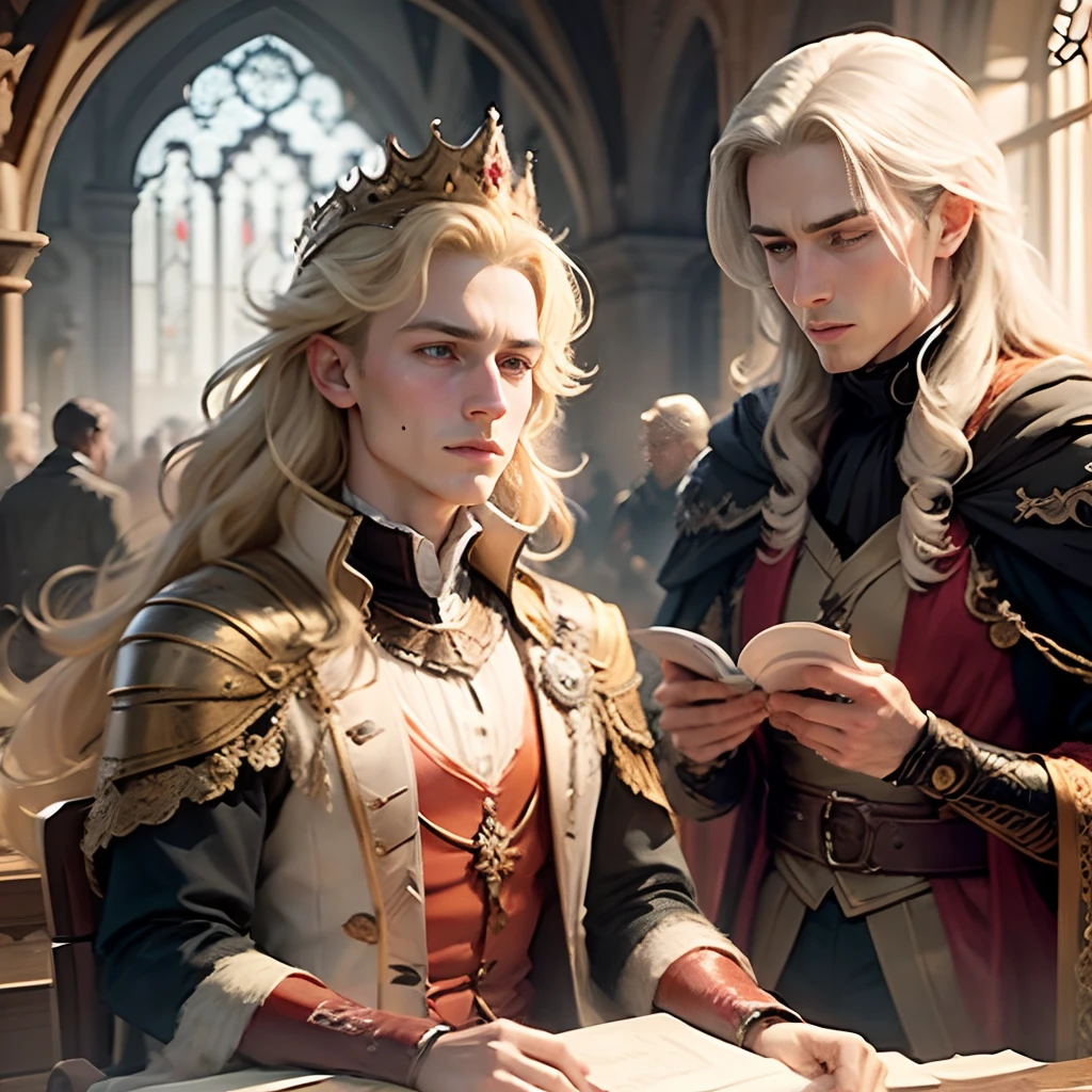 The scene of the wizard Merlin turning the dark short prince Konrad Westmonds into the beautiful blonde princess Lisar Westmonds, create a transition from prince to princess, high facial detail, 8k --auto --s2