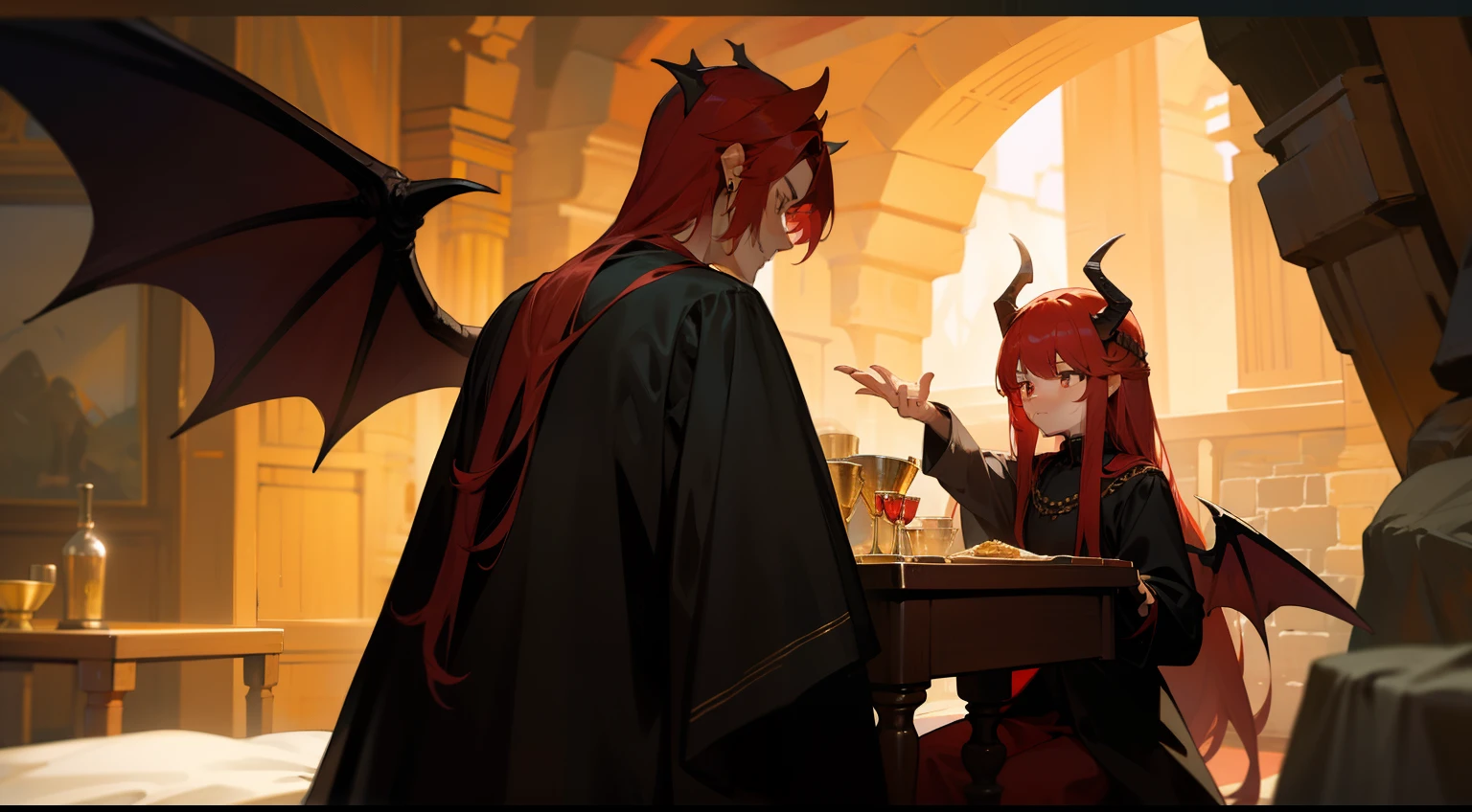 of a guy,black-clad,Red-haired demon,large tall,Handsome,There is a pair of dragon wings on the back,There is a pair of dragon horns on the head,Stay in the cave,The cave is beautifully dressed,Bedrooms,There are beds, tables and chairs,Gold and silver jewelry,Western fantasy,Fairytales,Works of masters,A high resolution
