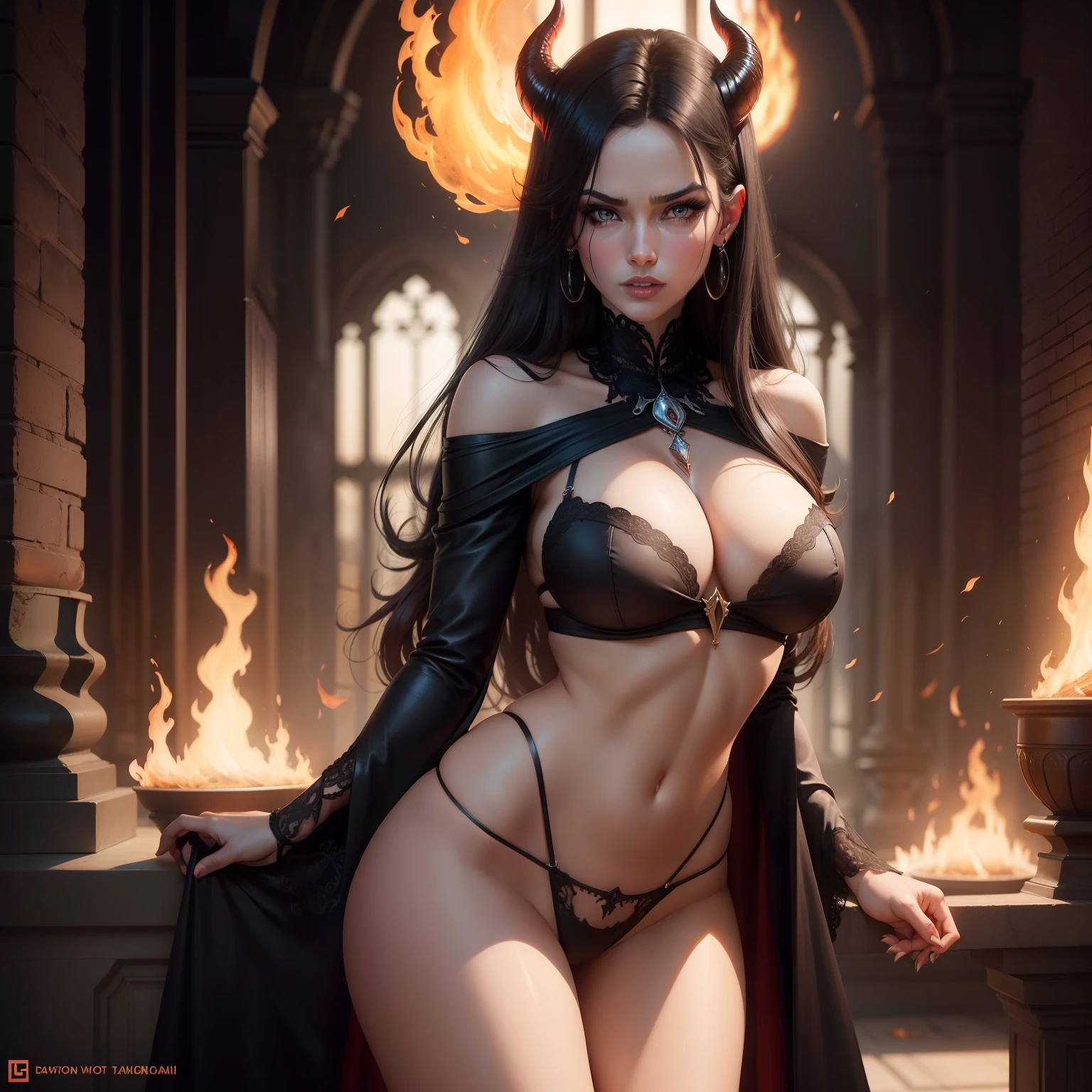 Tall, devil, woman, busty, panties, dark hair, evil, fire