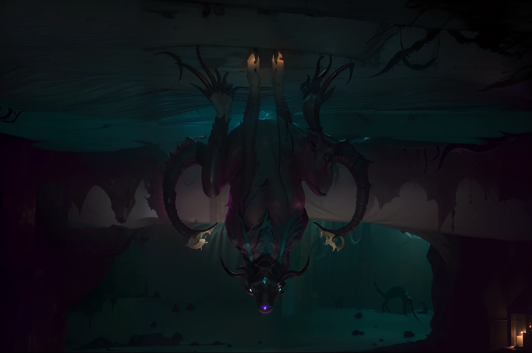Lovecraftian horror, Lovecraftian Elder God, ((Upside_down goat_head: 1.9)), ((ant_mouth: 1.9)), double scorpion tails with crow skulls on the tip, dark eyes with bright white iris, frog_feet, hooves, imense, extremely gigantic