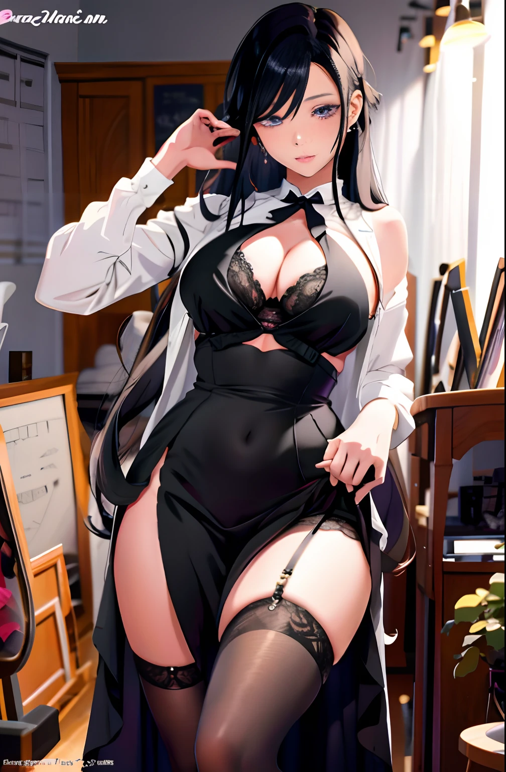 Whole body diagram，Super sexy pictures，Long black hair，Sexy figure，Dark black stockings，A woman in a purple dress, , Detailed anime artwork,，detailed anime art,