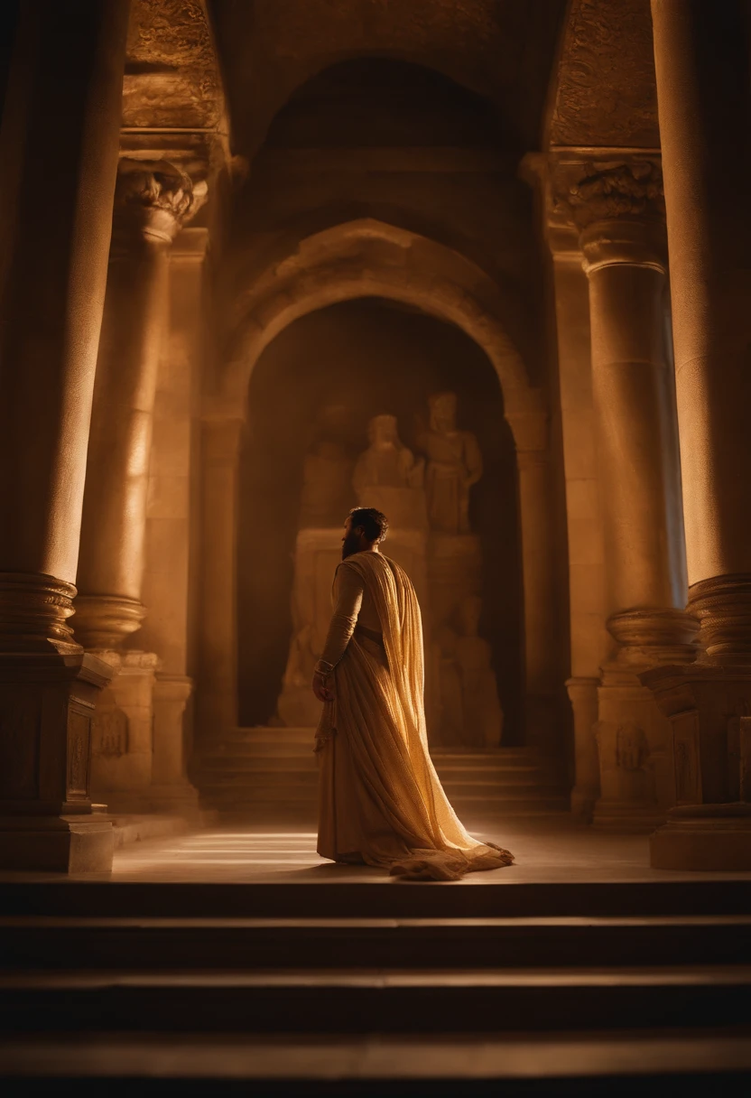 A photograph that captures the atmospheric essence of an ancient biblical scene, bathed in ethereal golden light and intricate architectural details.